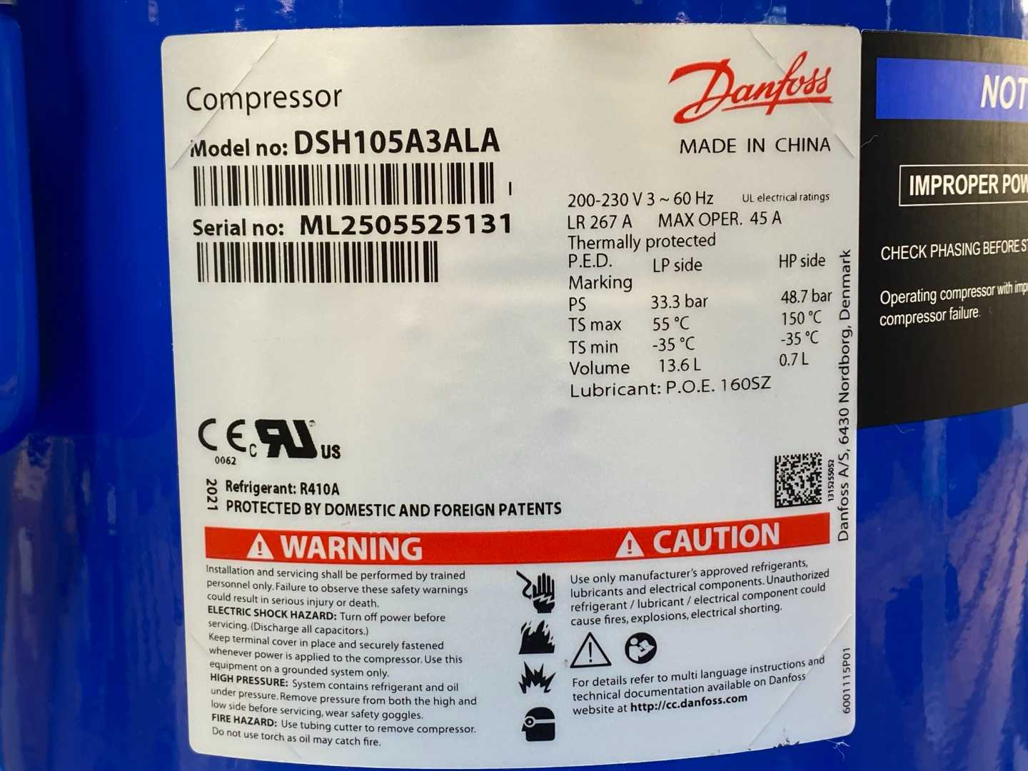 Danfoss 120H1188 DSH105A3ALA (8.5 Ton 102,000 BTU/h) Scroll Compressor R410