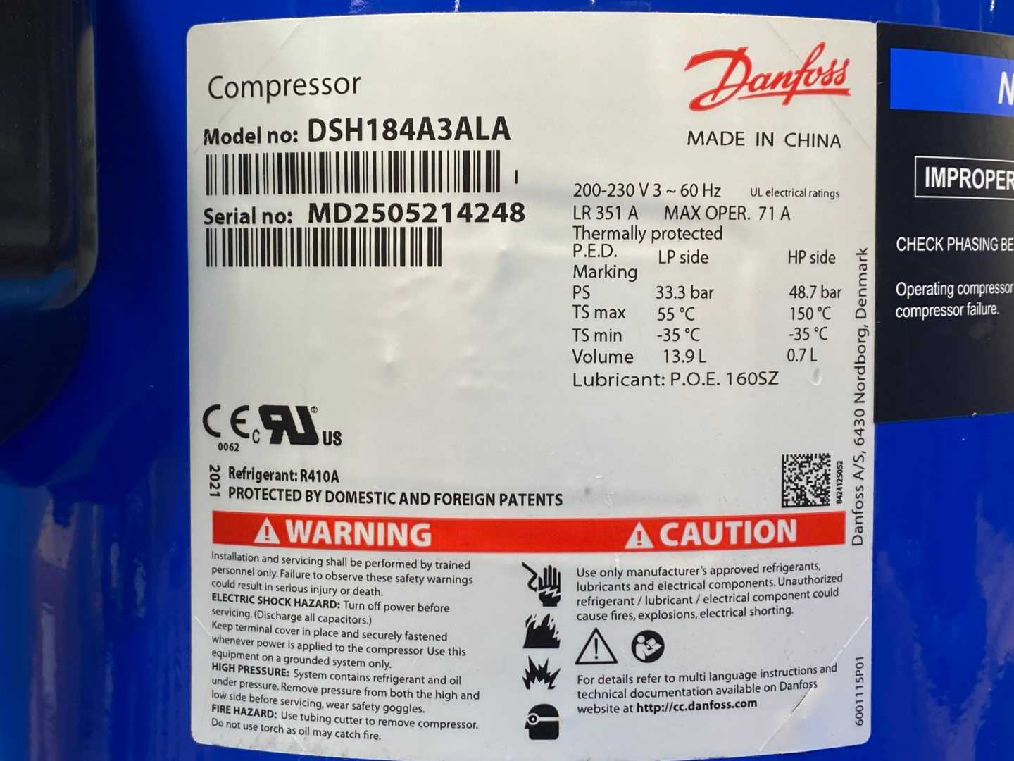 Danfoss 120H1220 DSH184A3ALA Scroll Compressor - 15 Ton, 180,000 BTU/hr - R410 Refrigerant