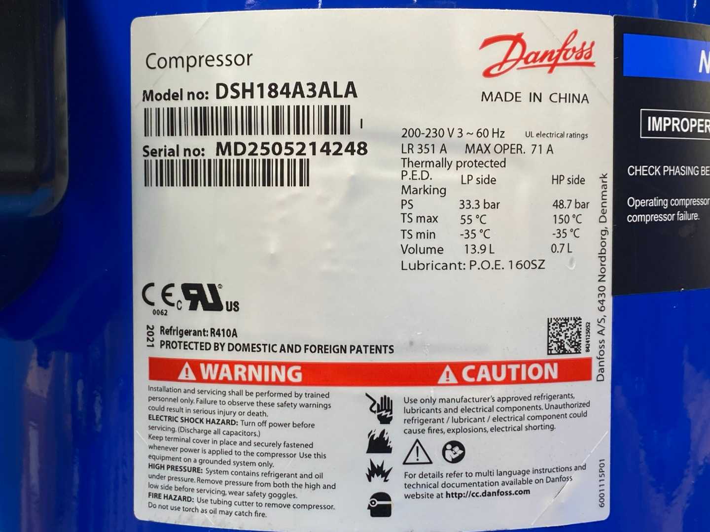 Danfoss 120H1220 DSH184A3ALA Scroll Compressor (15Ton / 180,000BTU/hr) R410