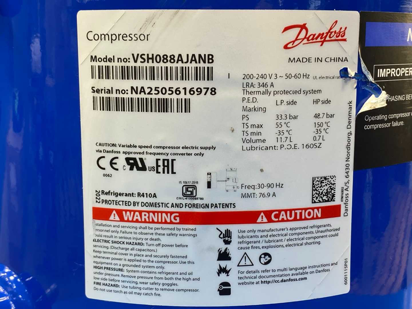 Danfoss 120G0004 VSH088AJANB Scroll Compressor  (7.5Tons / 90,000 BTU/hr) R410A 