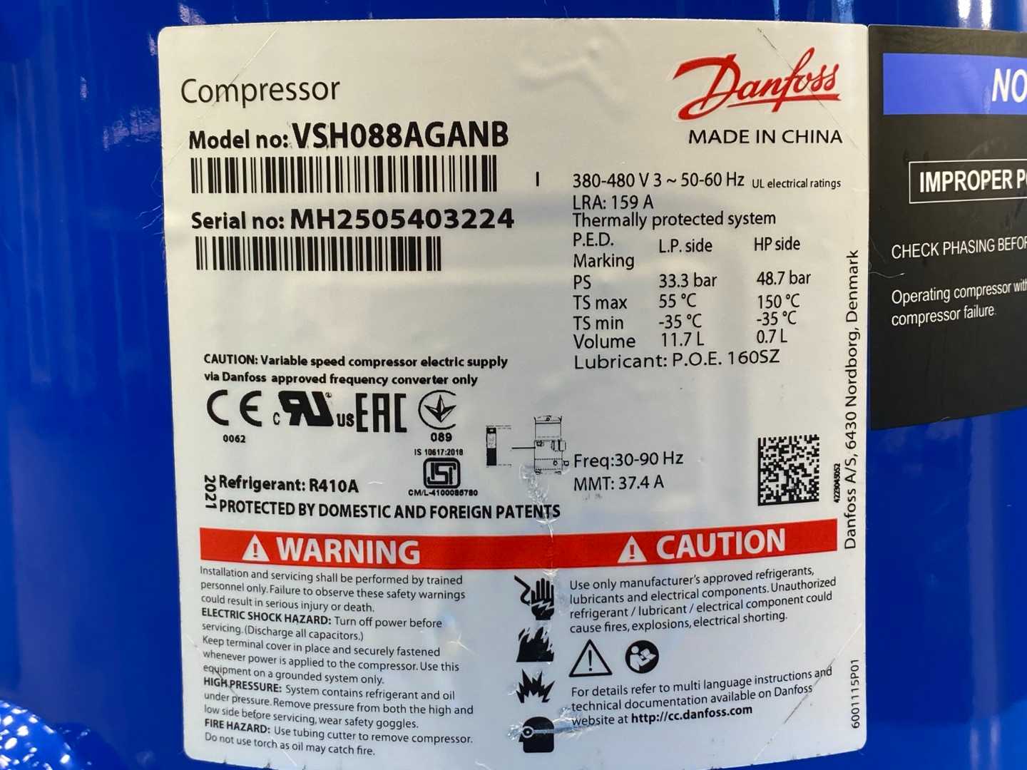 Danfoss Inverter Scroll Compressor VSH088AGANB 120G0001 (7.5 Tons / 90K BTU)