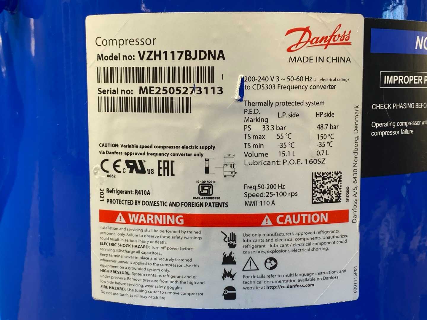 Danfoss Inverter Scroll Compressor VZH117BJDNA 120G0112 (9.75 Tons / 117K BTU)