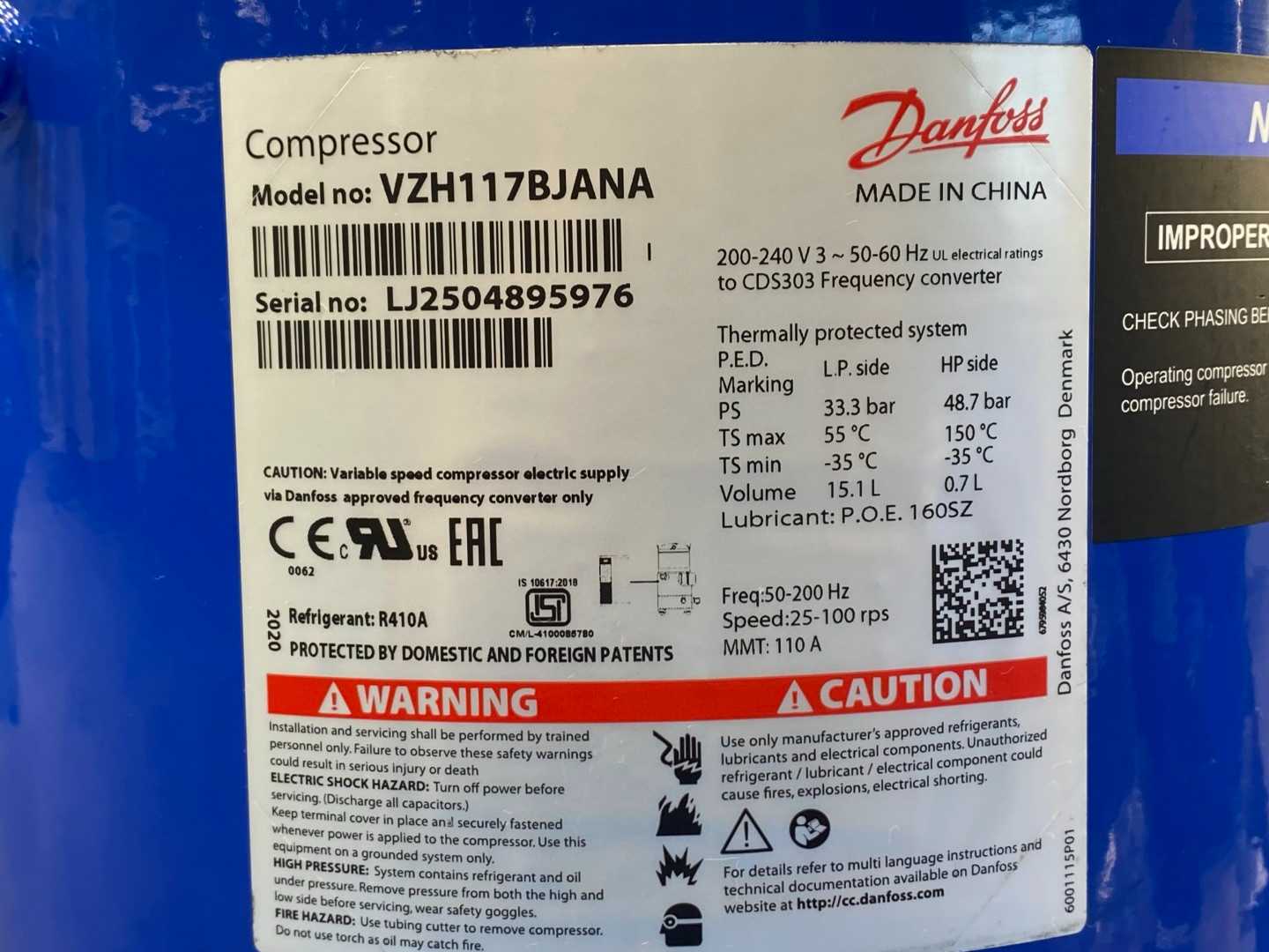 DanfossVZH117BJANA 120G0017 Inverter Scroll Compressor (10Ton / 120K BTU) R410