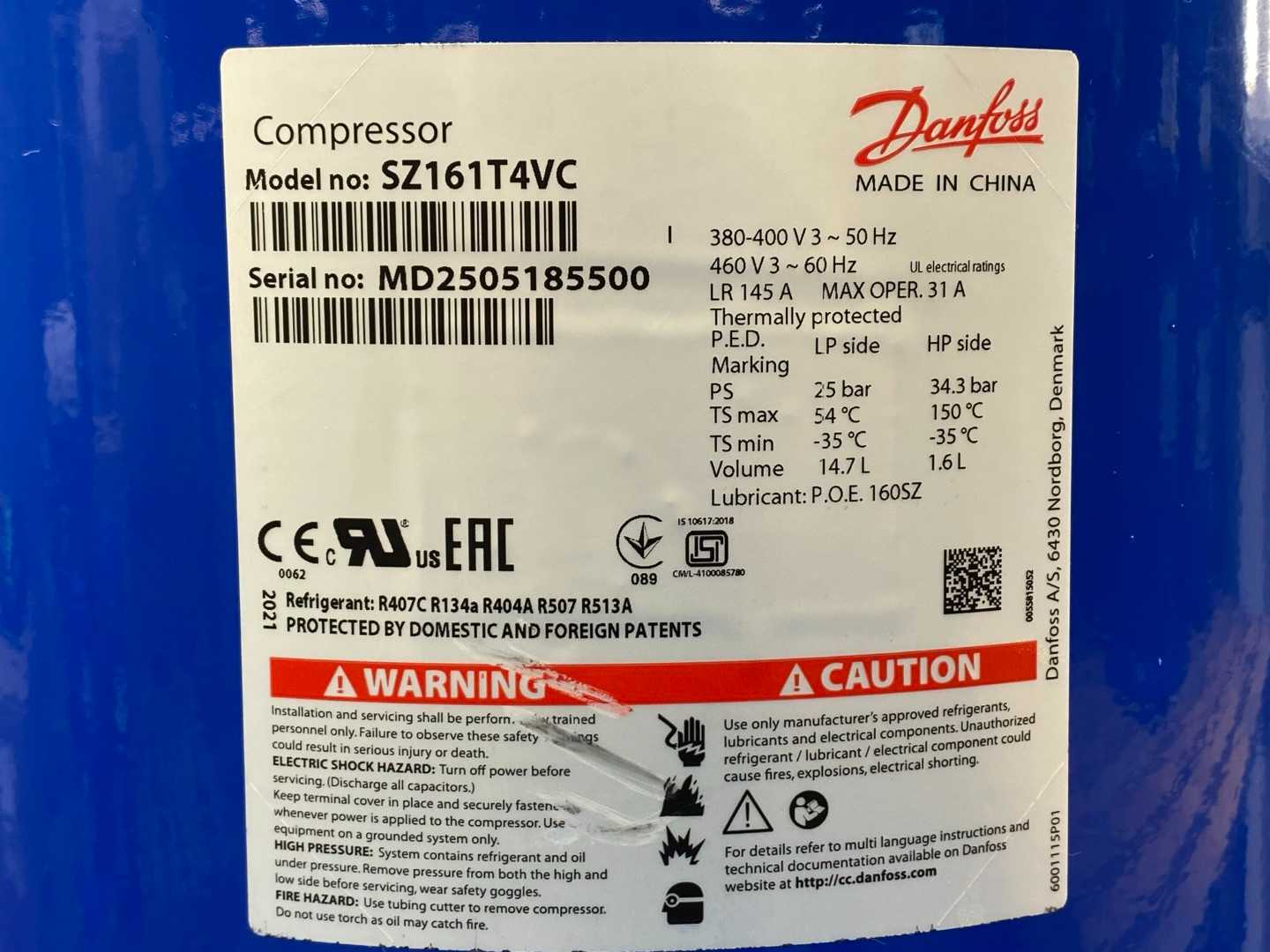 Danfoss Inverter Scroll Compressor SZ161T4VC SZ161-4VAI (16 tons / 192K BTU)