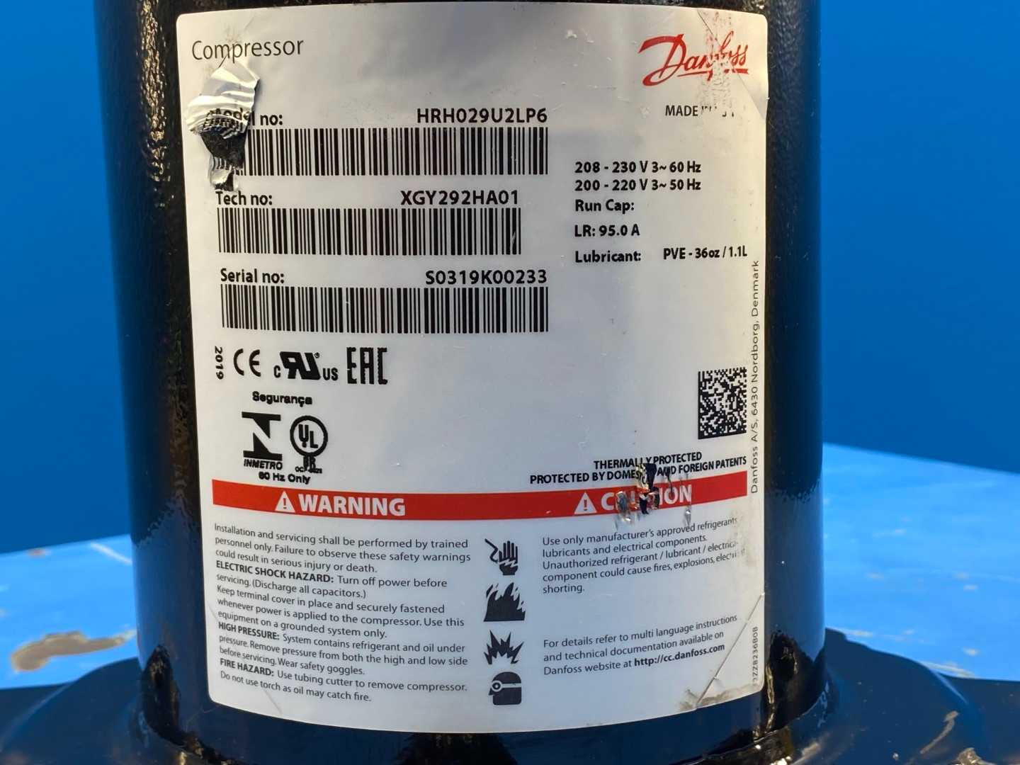 Danfoss Inverter Scroll Compressor HRH029U2LP6 121L2282 (2.4 Tons / 28.8 BTU)