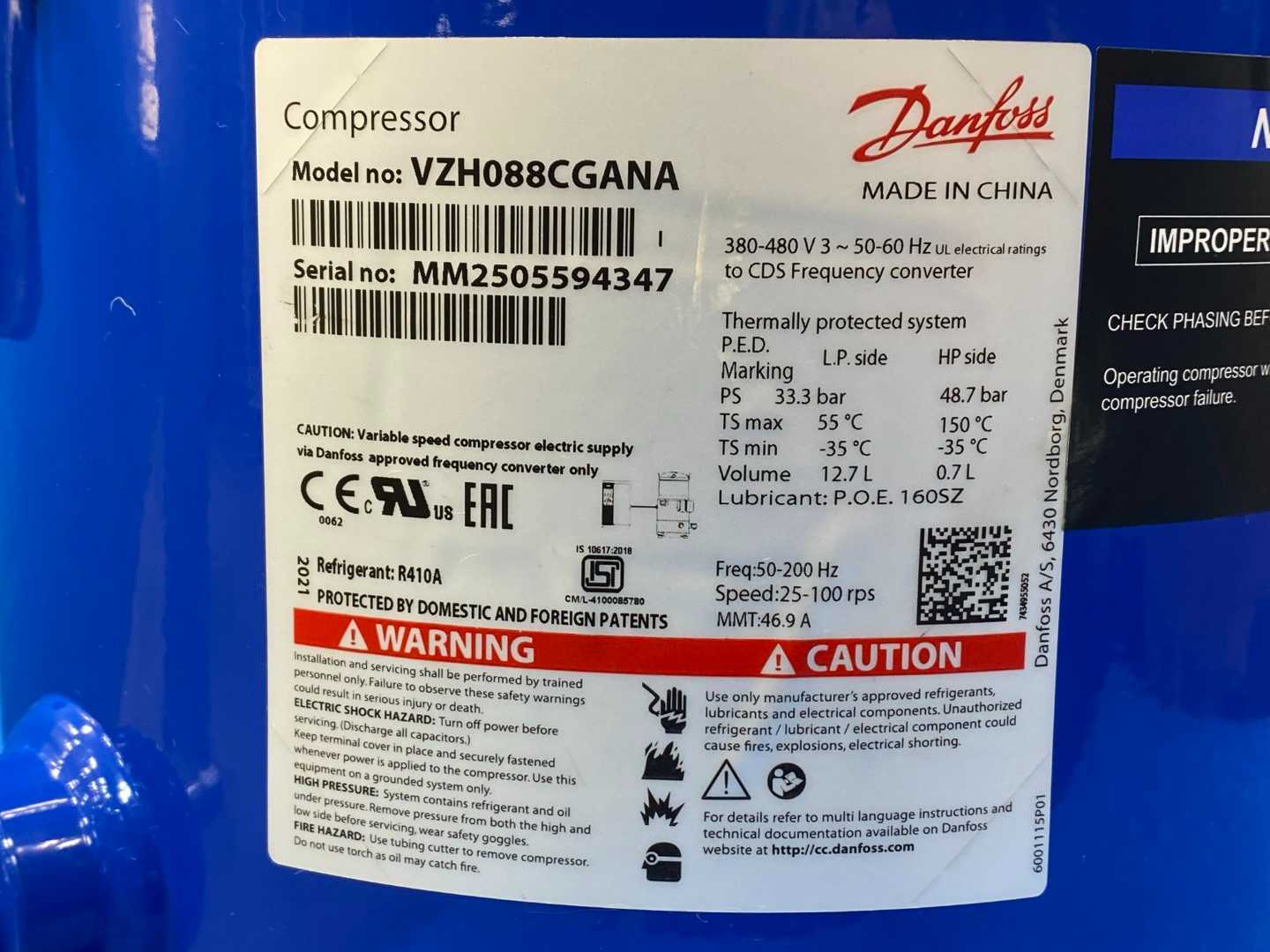 Danfoss Inverter Scroll Compressor VZH088CGANA 120G0189 (7.3 Tons / 86K BTU)