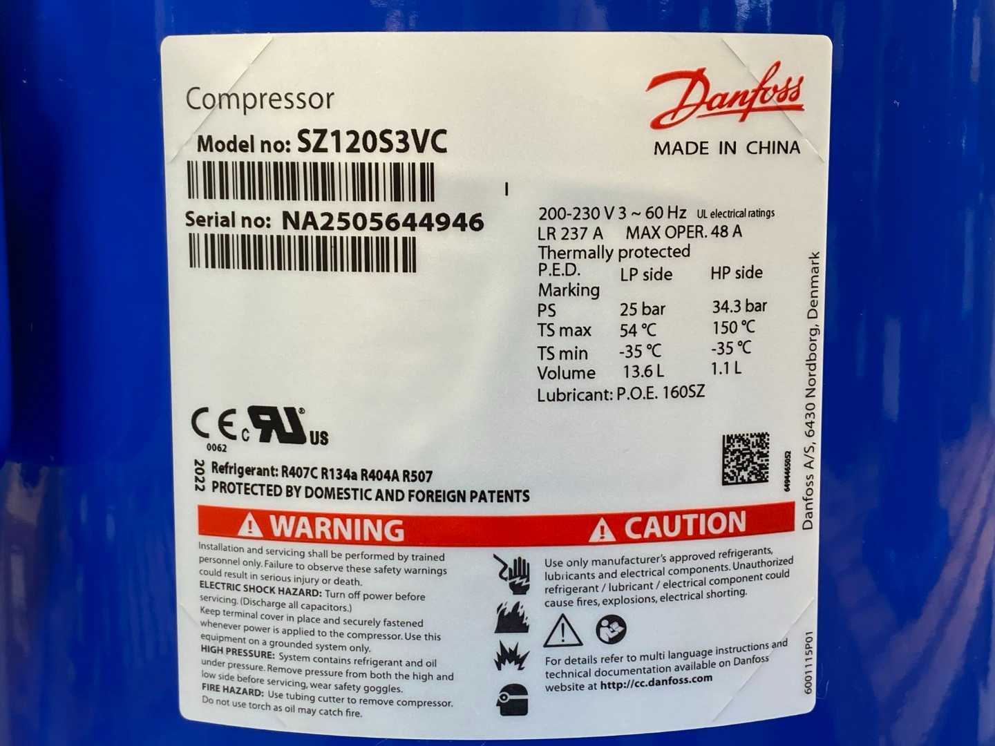 Danfoss Inverter Scroll Compressor SZ120S3VC SZ120-3VI (10 Tons / 120K BTU)