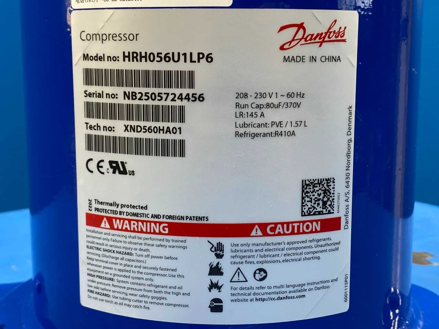 Danfoss Inverter Scroll Compressor HRH056U1LP6 - 5 Ton, 60K BTU, R410A - High-Efficiency HVAC Compressor