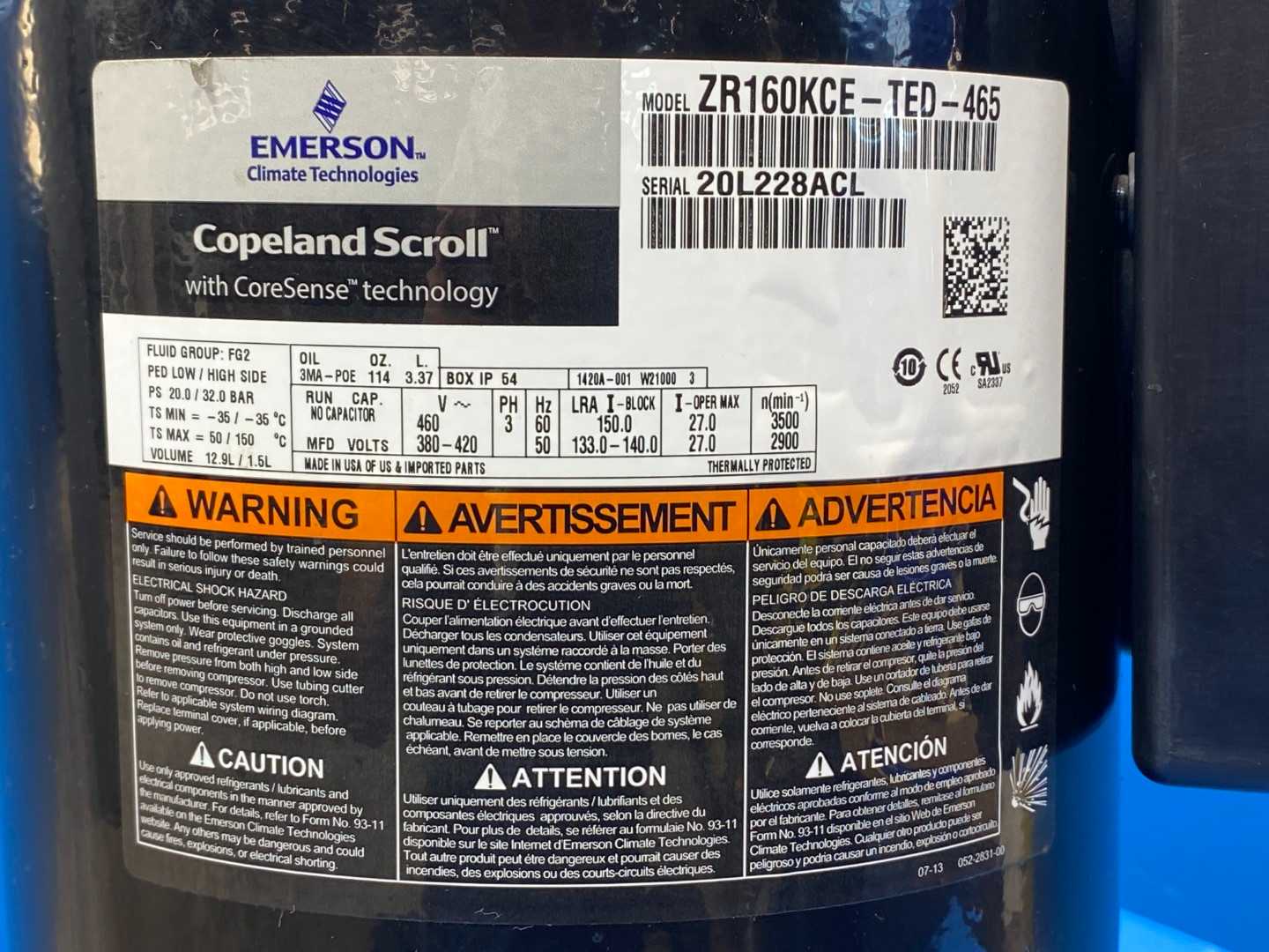 Emerson Copeland Scroll Compressor ZR160KCE-TED-465 (13.3 Tons, 159K BTU) R410A