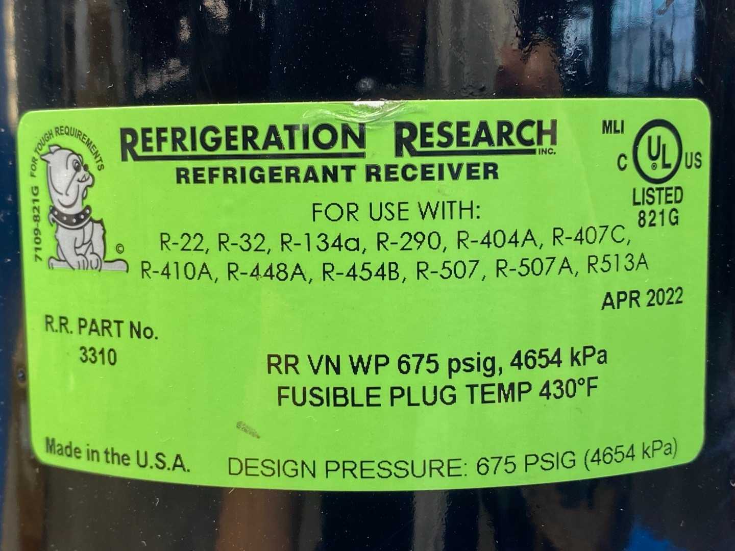 Refrigeration Research 3310 High Pressure Receiver 9 lb 1" Rotolock  Valve