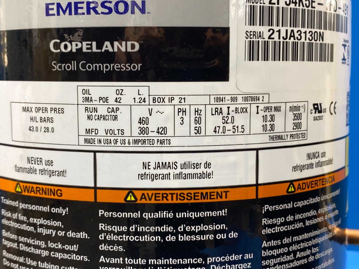 Emerson Copeland ZP54K5E-TFD-491 Tandem Scroll Compressors - 9 Tons, 108,000 BTU/hr - High-Efficiency HVAC Compressor