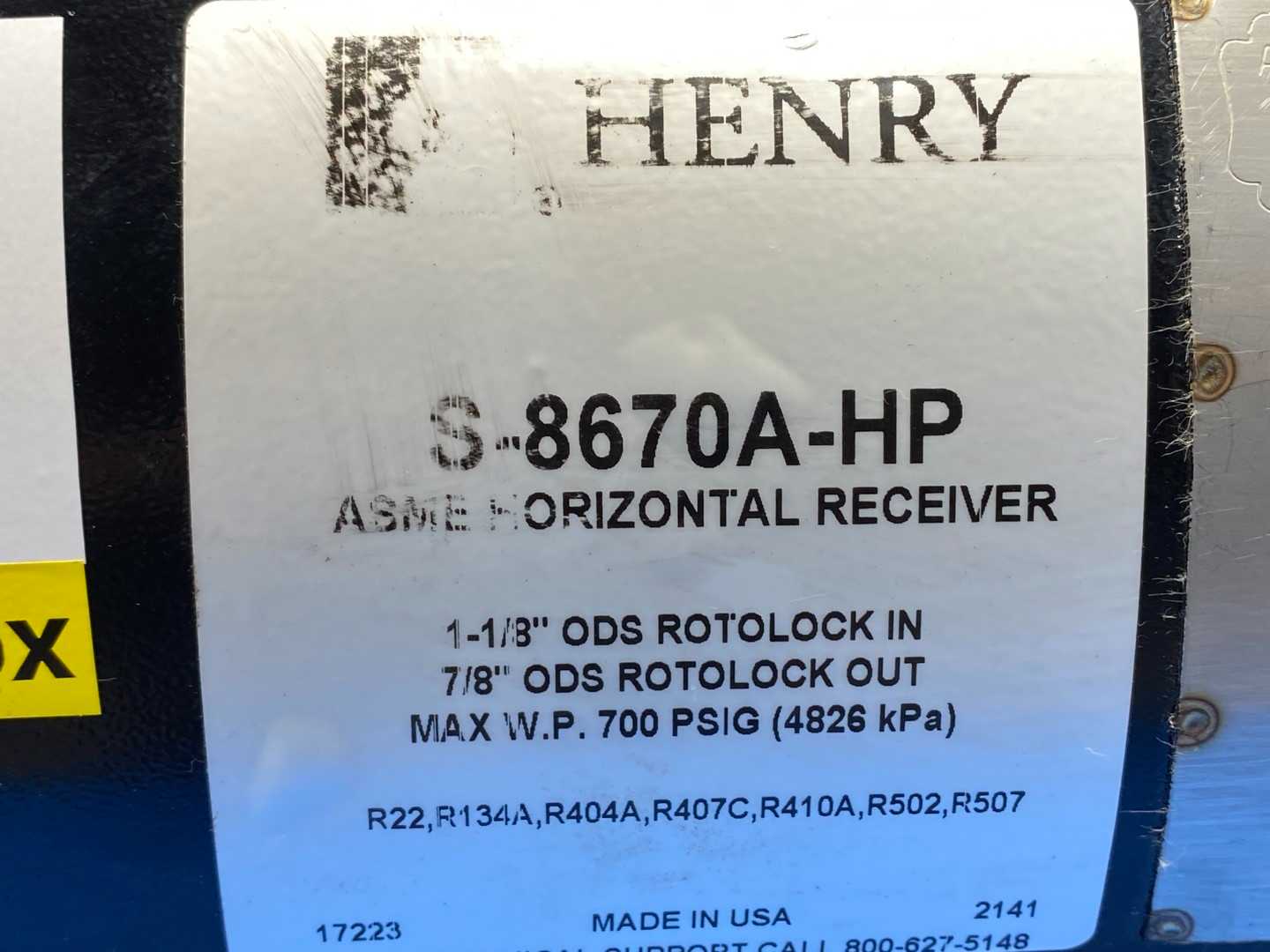 Henry ASMO 8670A-HP Horizontal Liquid Refrigerant Receiver