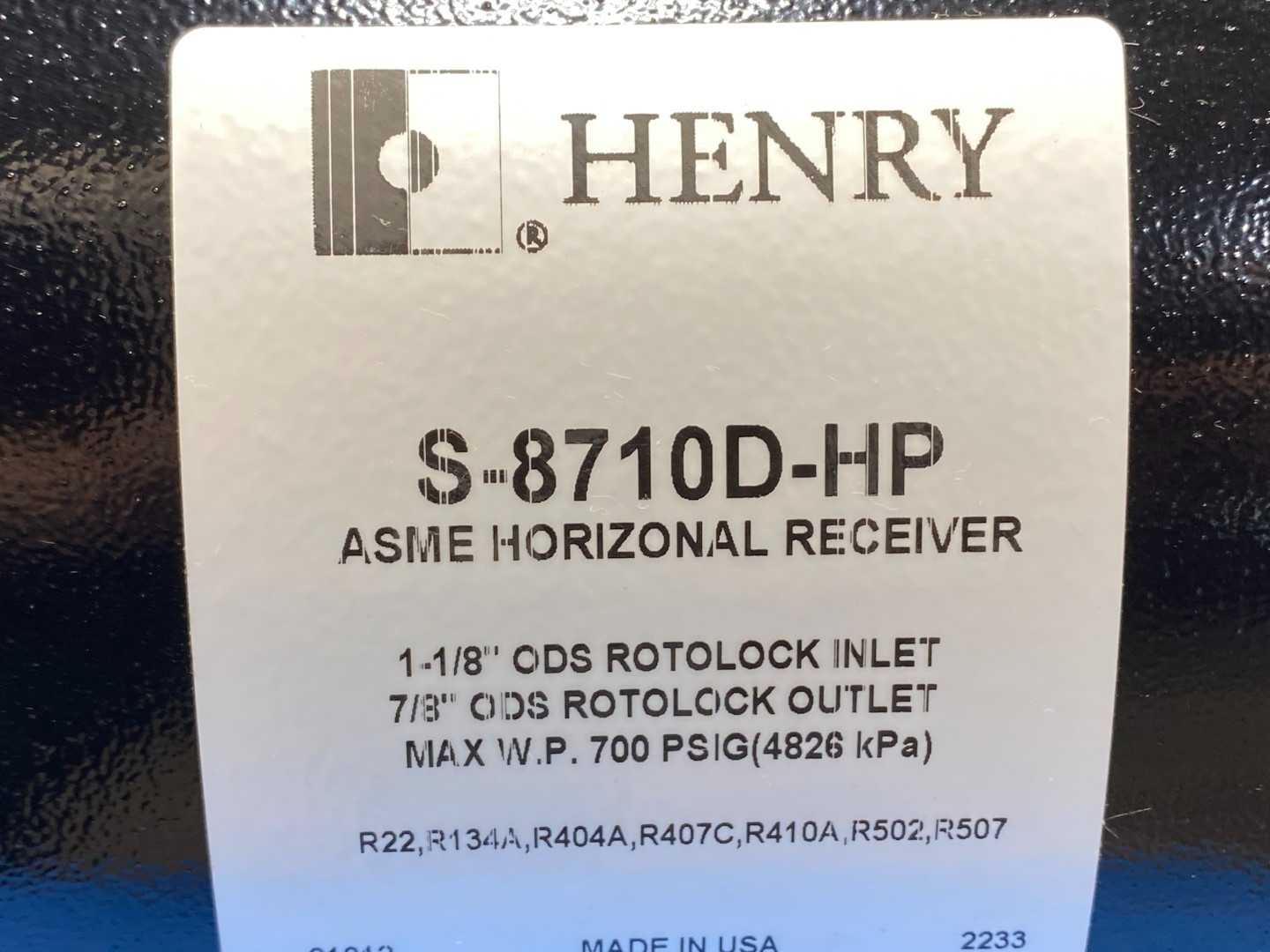 S8710D-HP Henry Receiver, Horizontal Refrigerant Liquid 1-1/8 ODS