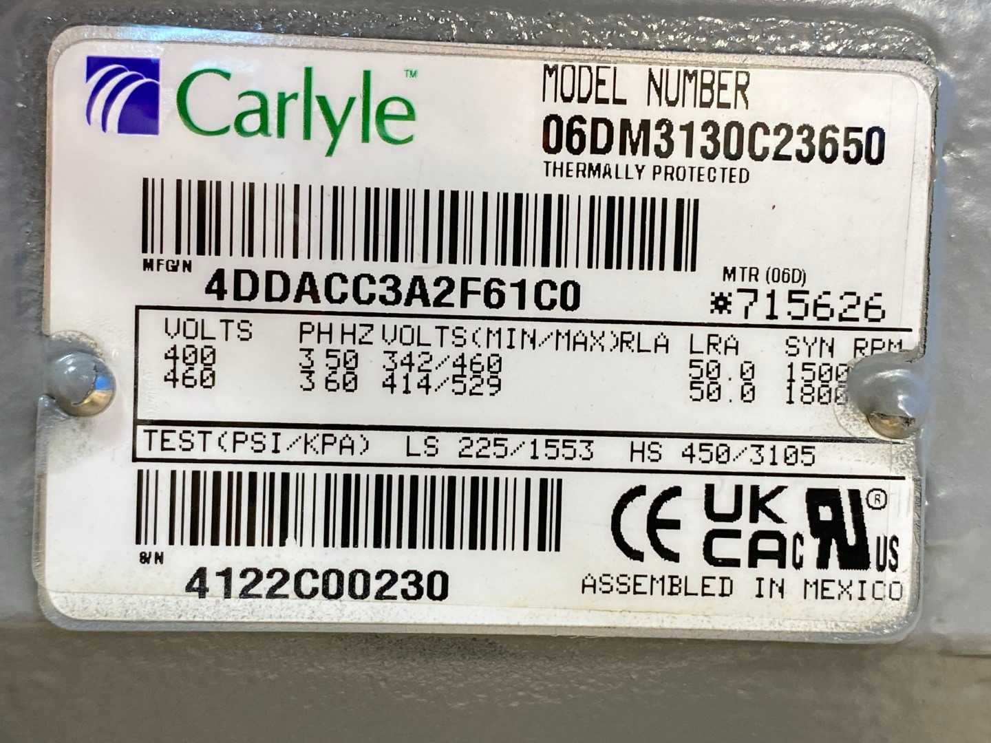 Carlyle Semi-Hermetic Reciprocating Compressor 06DM3130C23650