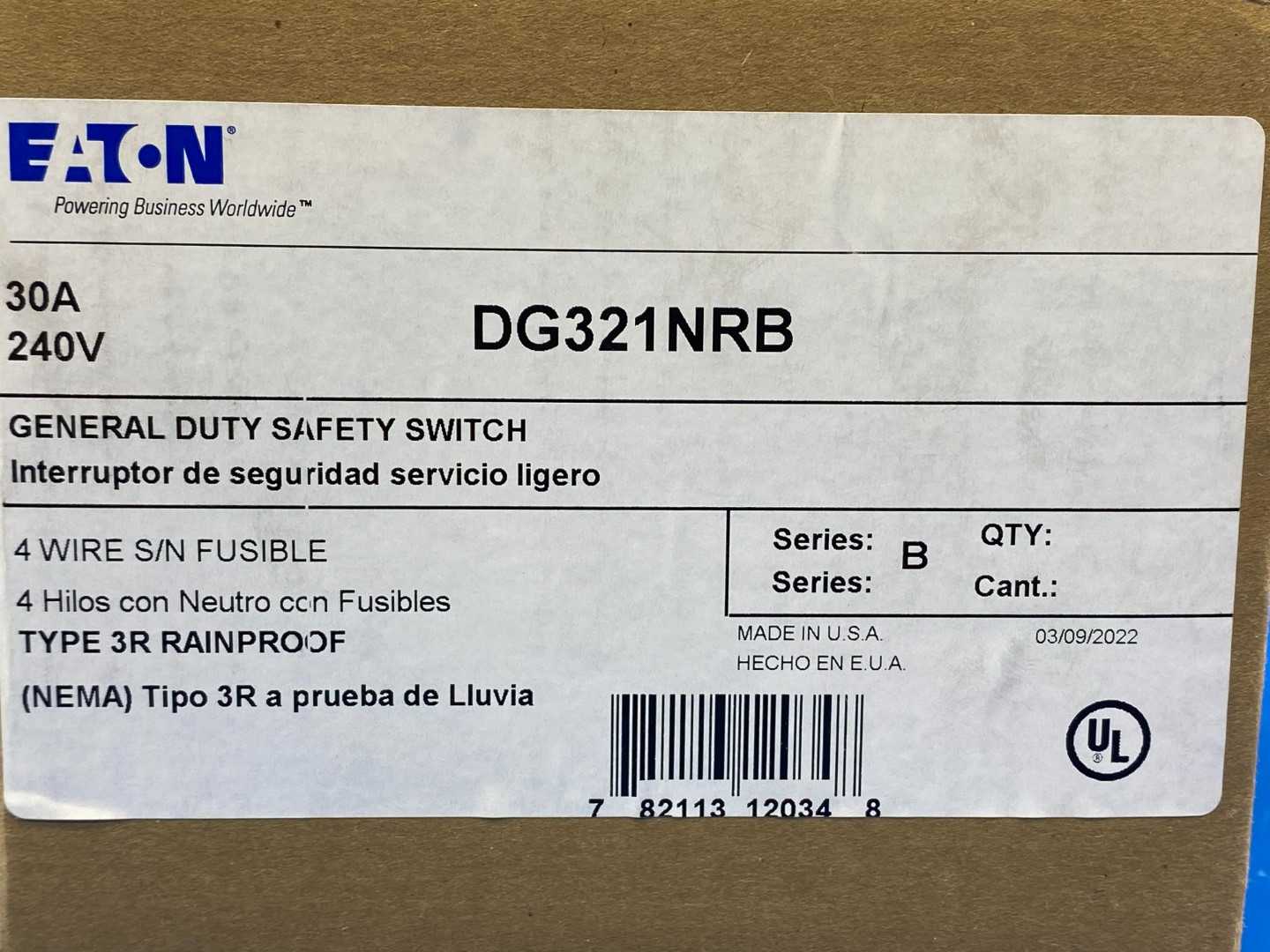 Eaton Safety Switch DG321NRB Type 3R (Rainproof) 4 Wire S/N Fusible