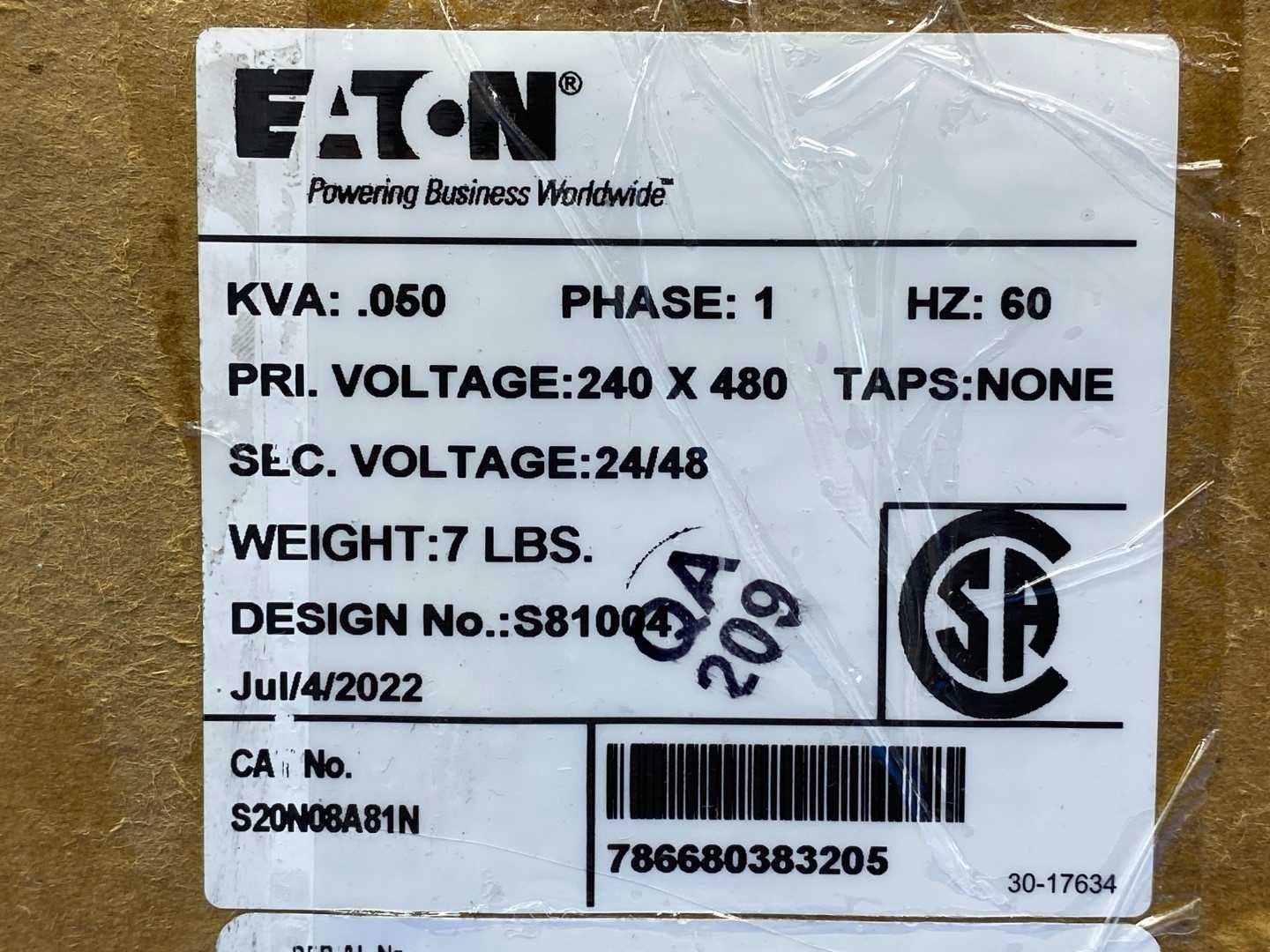 Eaton S20N08A81N Type 3R Single Phase Transformer S81004