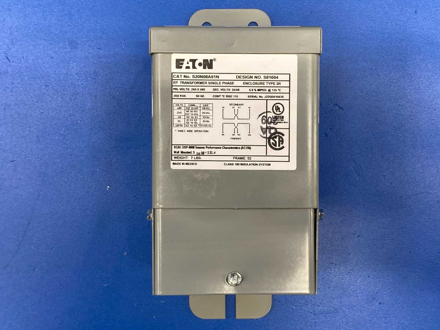 Eaton S20N08A81N Type 3R Single Phase Transformer S81004