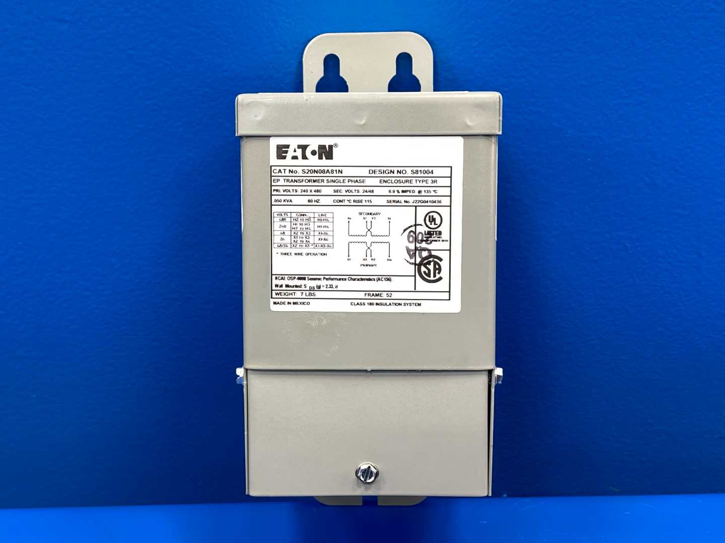 Eaton S20N08A81N Type 3R Single Phase Transformer S81004