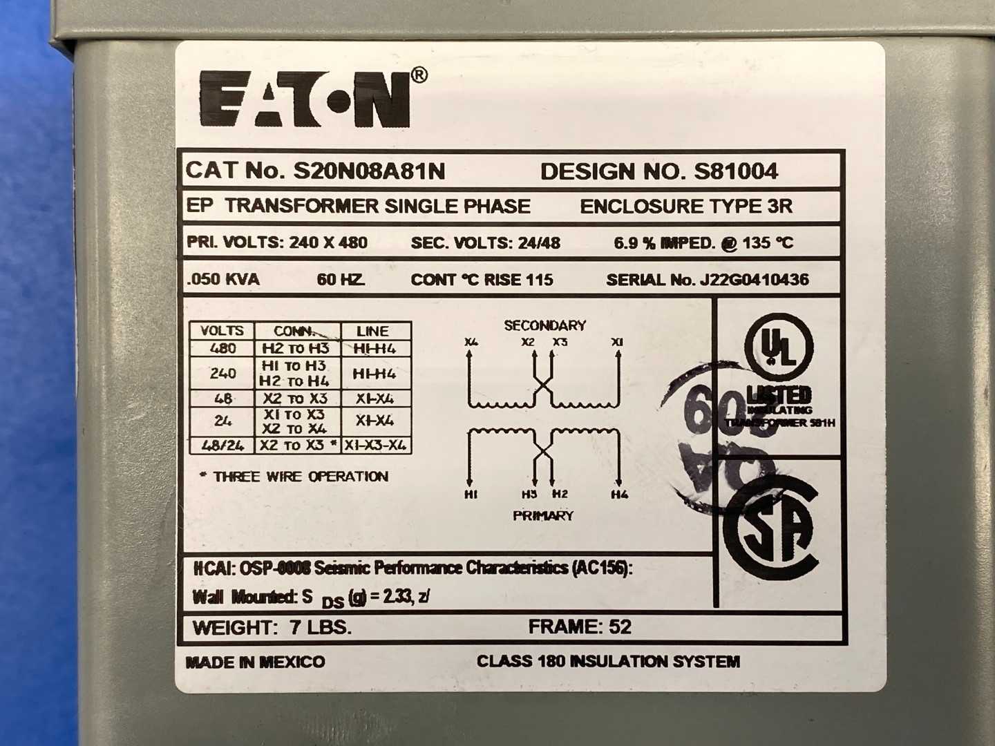 Eaton S20N08A81N Type 3R Single Phase Transformer S81004