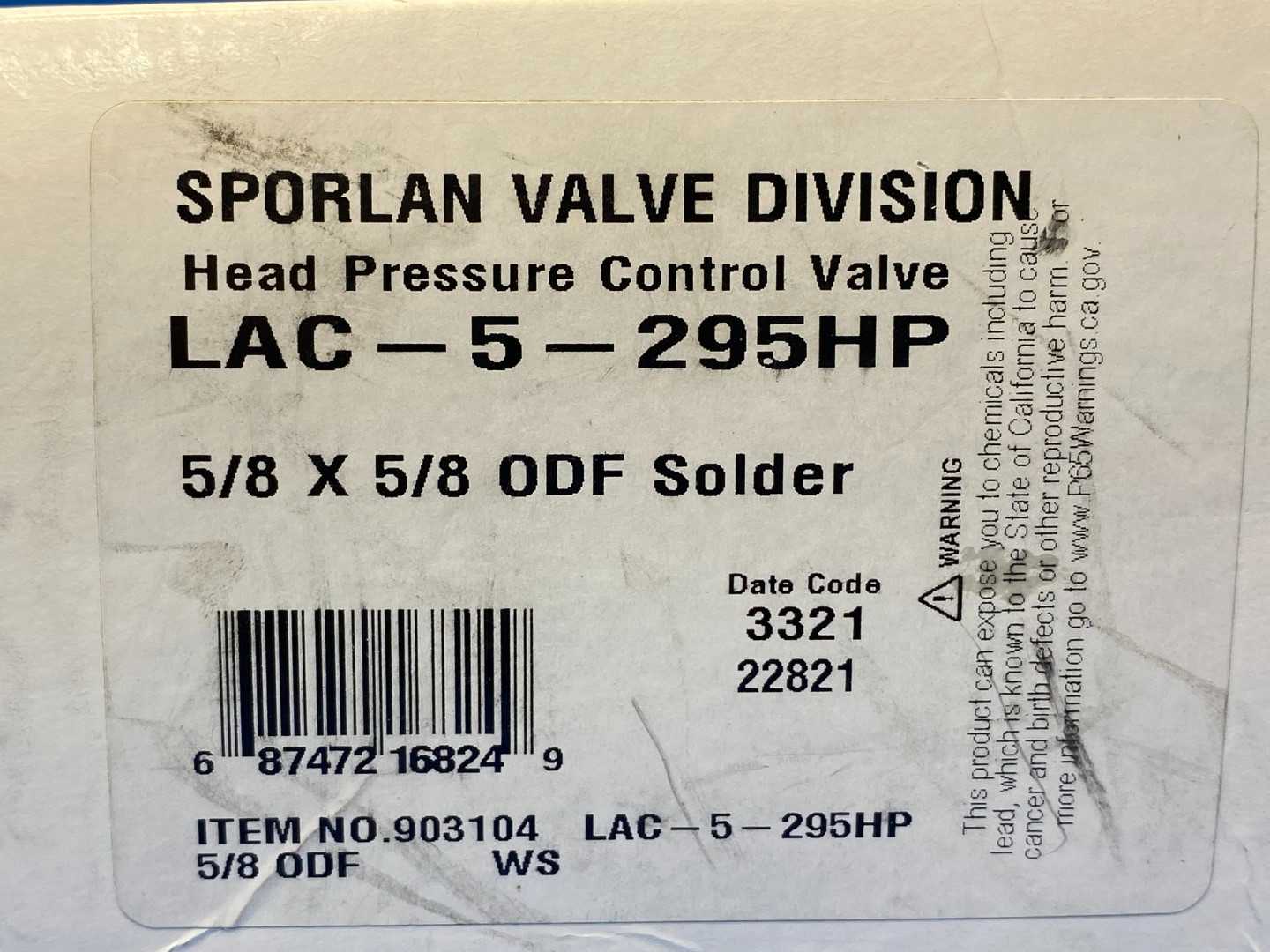 Sporlan Head Pressure Control Valve LAC-5-295HP 5/8"x5/8" ODF Solder 