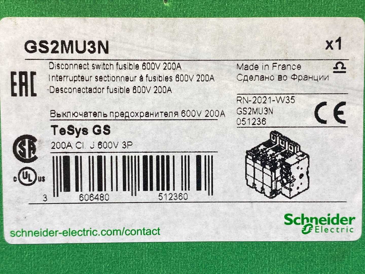 Schneider Electric TeSys Disconnect Switch 600V 200A GS2MU3N