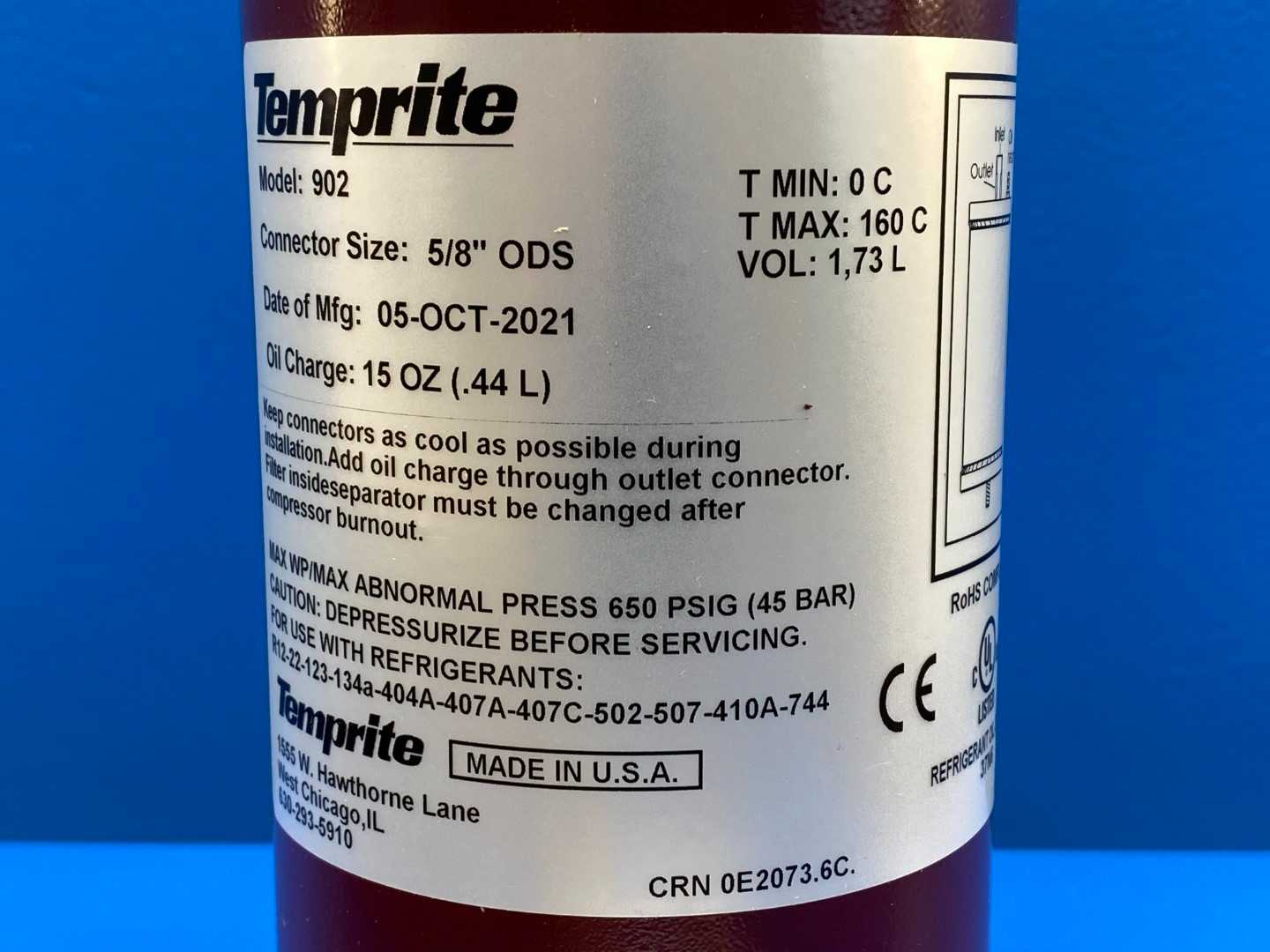 Temprite 902 Refrigerant Oil Separator 37N6 5/8"ODS 15Oz(.44L) Oil Change