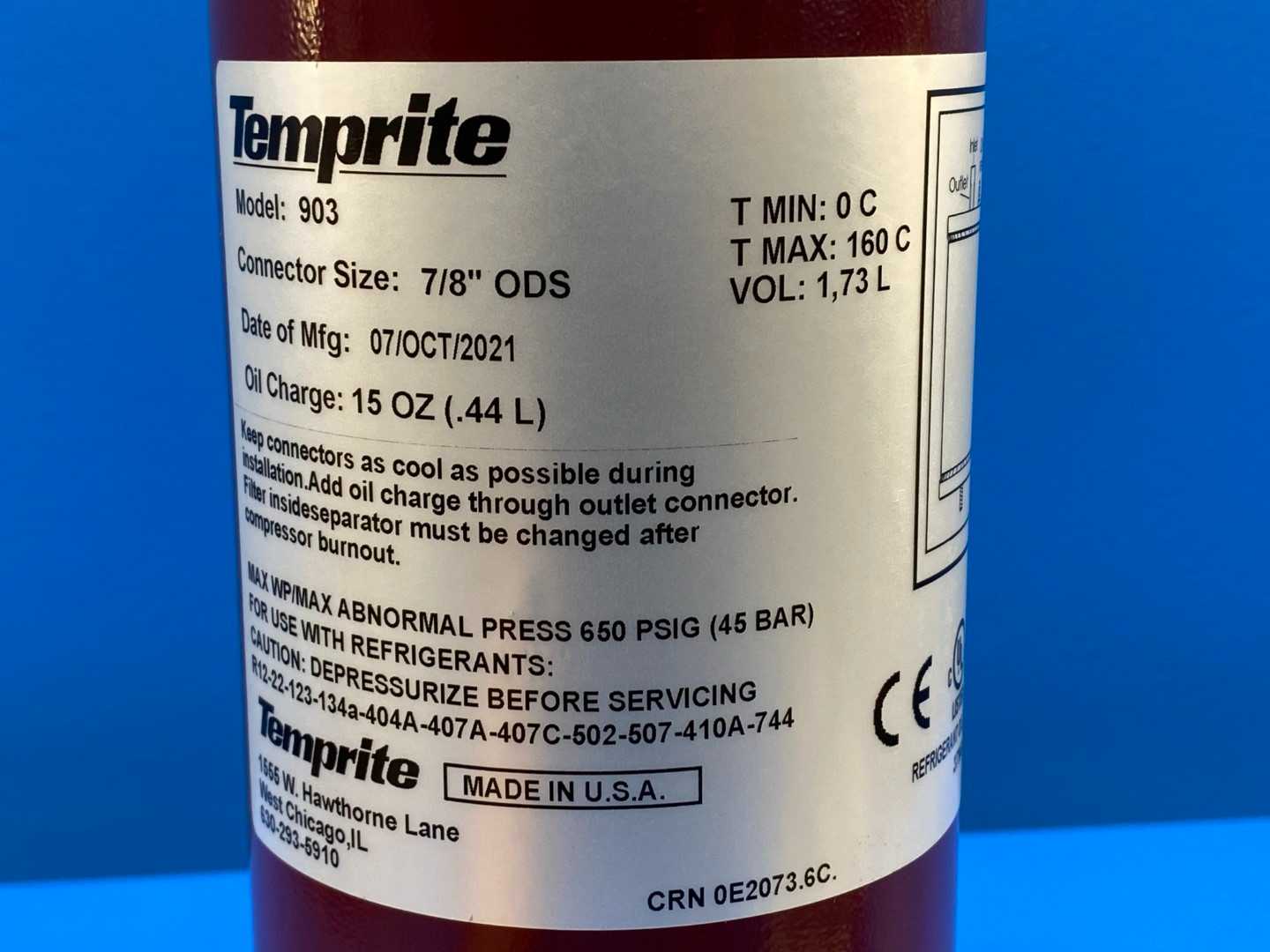 Temprite 903 Refrigerant Oil Separator 37N6 7/8"ODS 15Oz(.44L) Oil Change