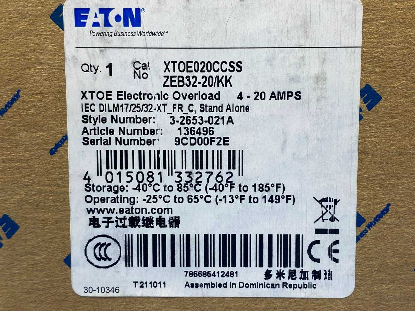 Eaton XTOE020CCSS ZEB32-20 Overload Relay Socket, 3-Pole, 4 Amp – 20 Amp