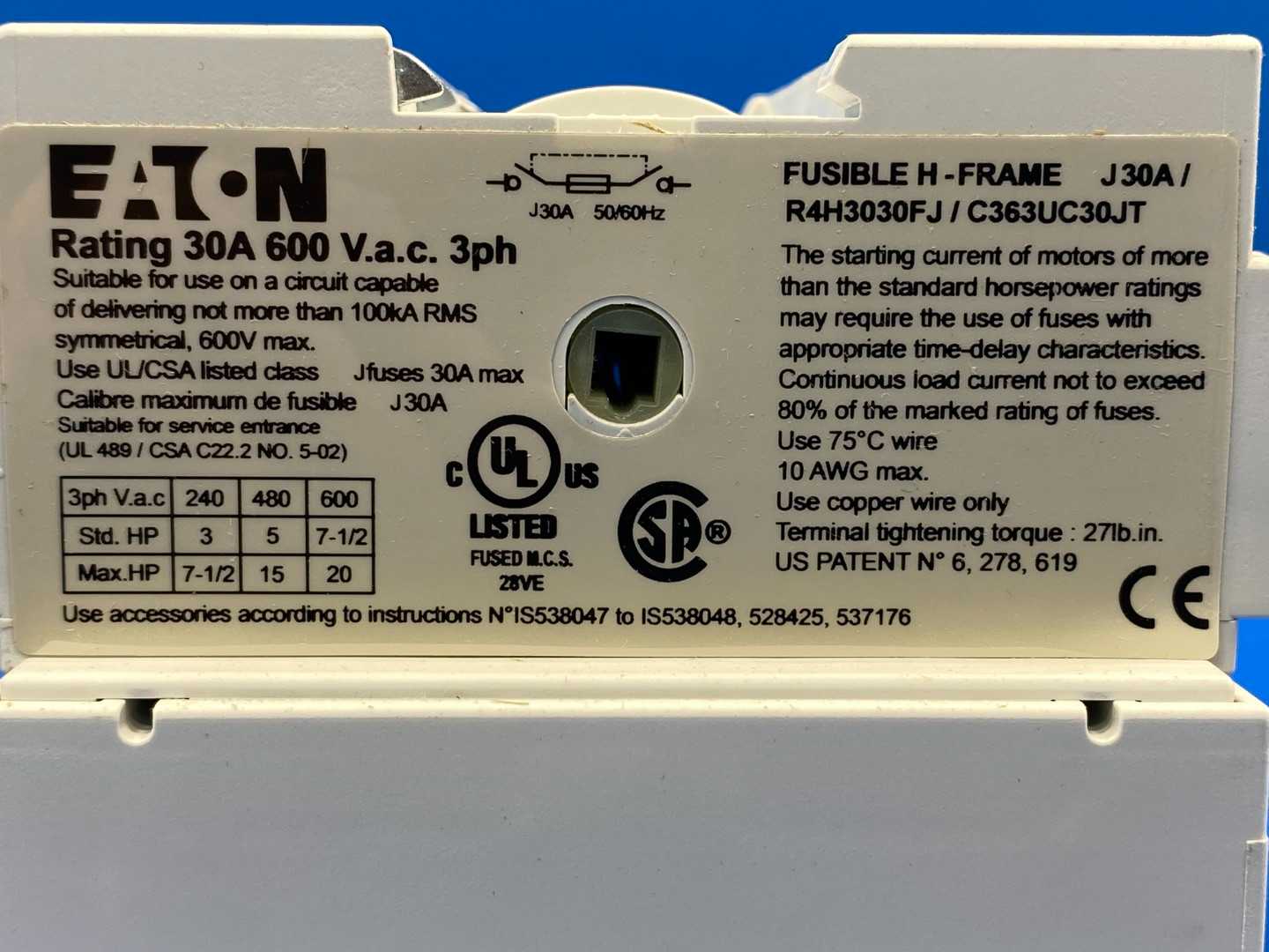 Eaton Fusible Rotary Disconnect R4H3030FJ, 30A, 3pole, 600VAC, H Frame