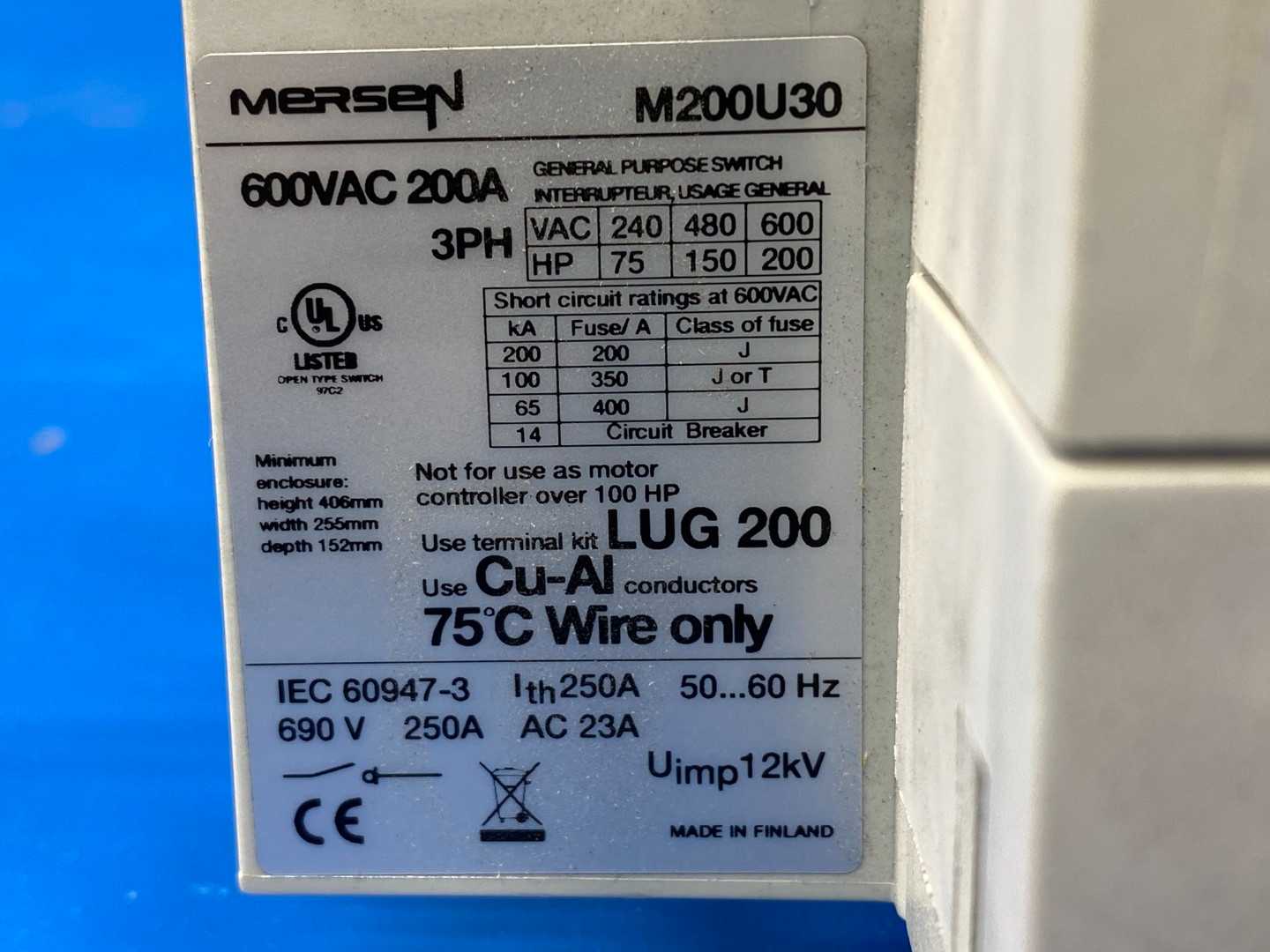 Mersen M200U30 Disconnect Switch 600VAC, 200A, 3PH