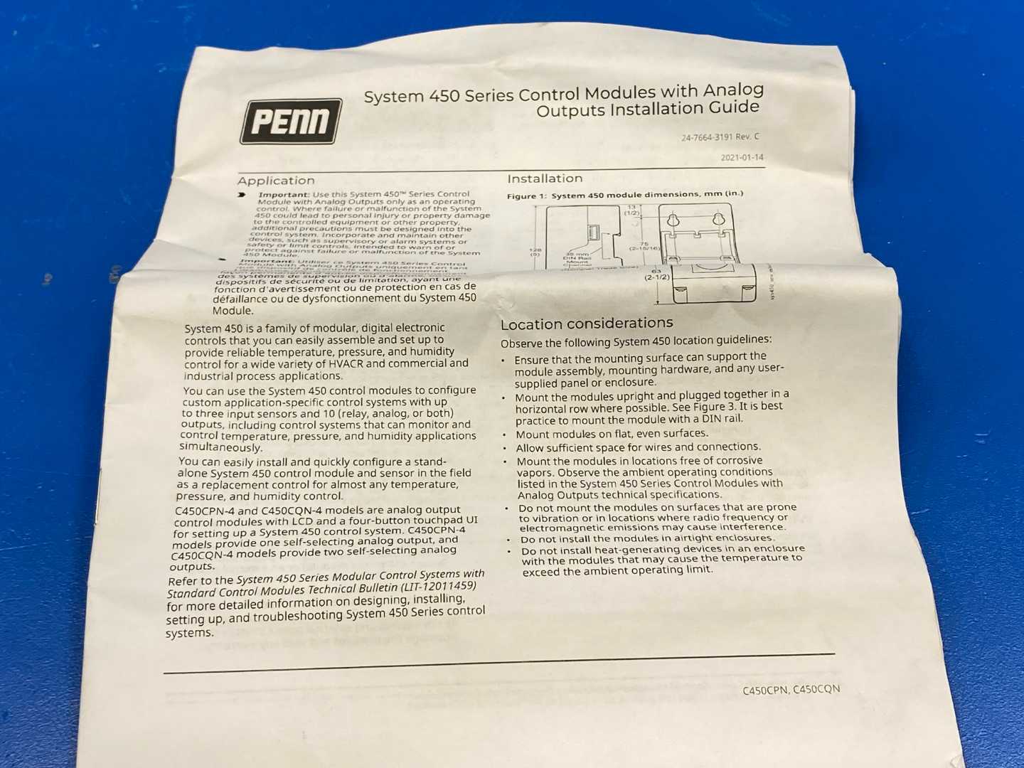 PENN C450CPN-4C, SYSTEM 450 Temp Hum Pressure Control Module 24VAC, 50/60Hz