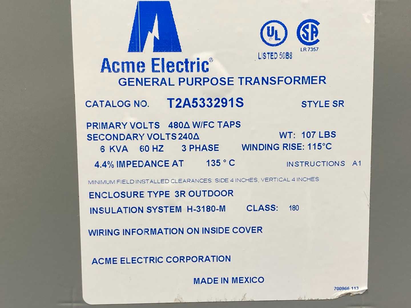 Acme Electric T2A533291S 240V/480V 6KVA Transformer  Type 3R Outdoor