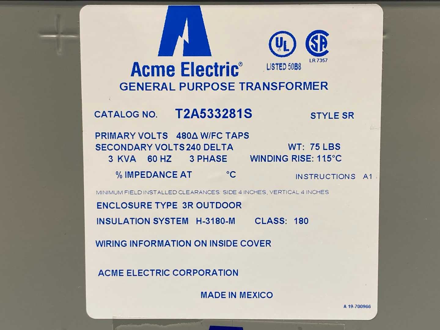 Acme Electric  3KVA T2A533281S  Transformer 240V/480V Type 3R Outfoor