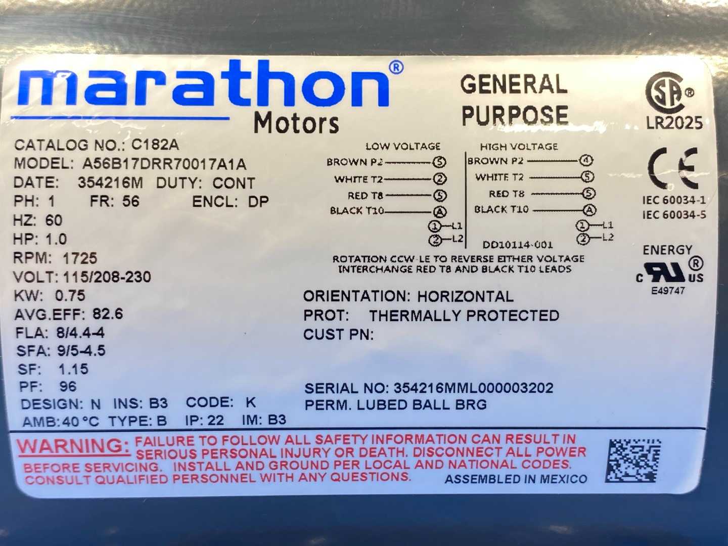 Marathon 056B17DRR70017A1 Motor, 1HP,155/208-230V, 1PH, 1725RPM