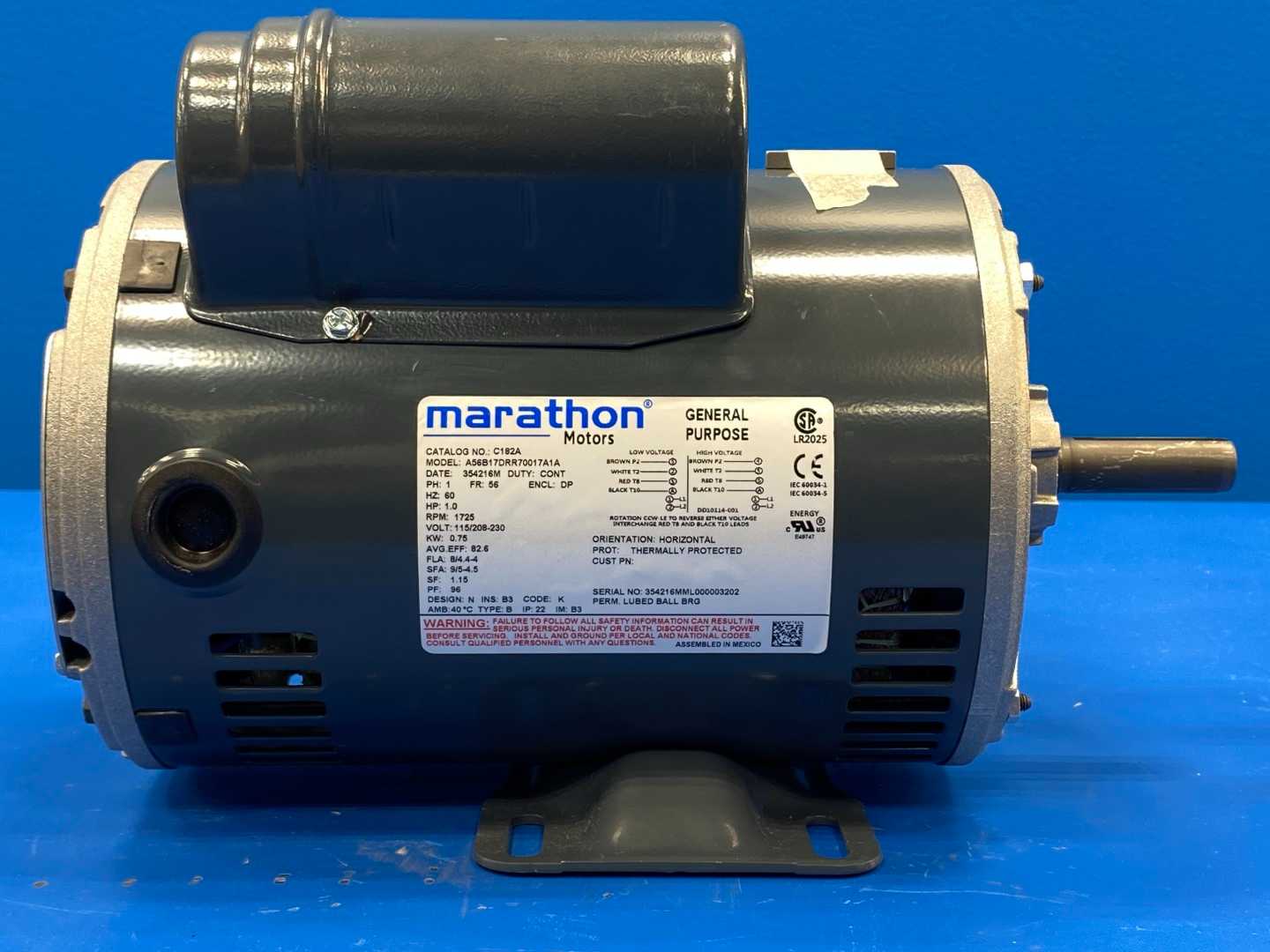 Marathon 056B17DRR70017A1 Motor, 1HP,155/208-230V, 1PH, 1725RPM