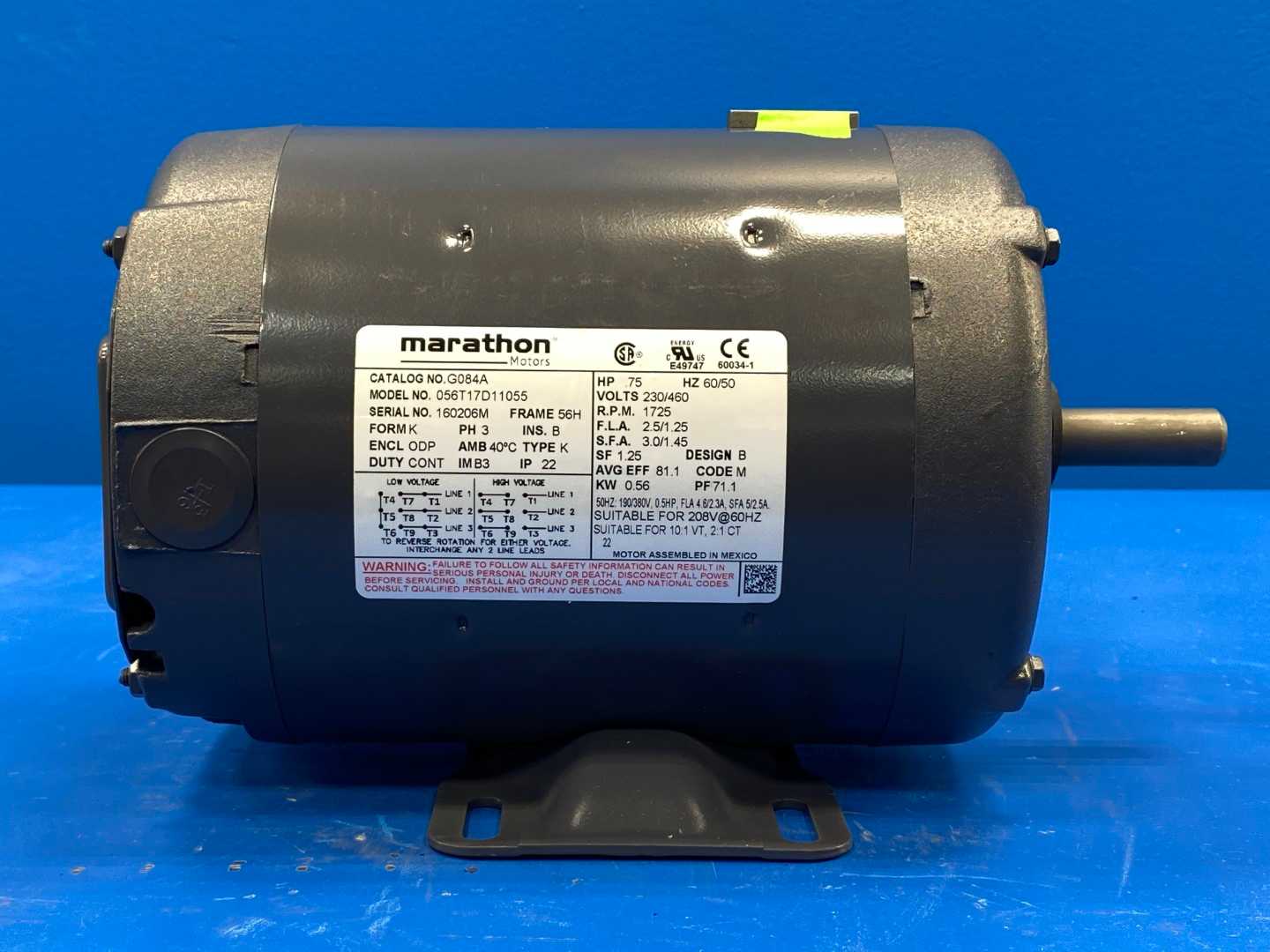 Marathon 056T17D11055 Motor, 0.75HP, 230/460V, 3PH, 50/60HZ, 1725RPM