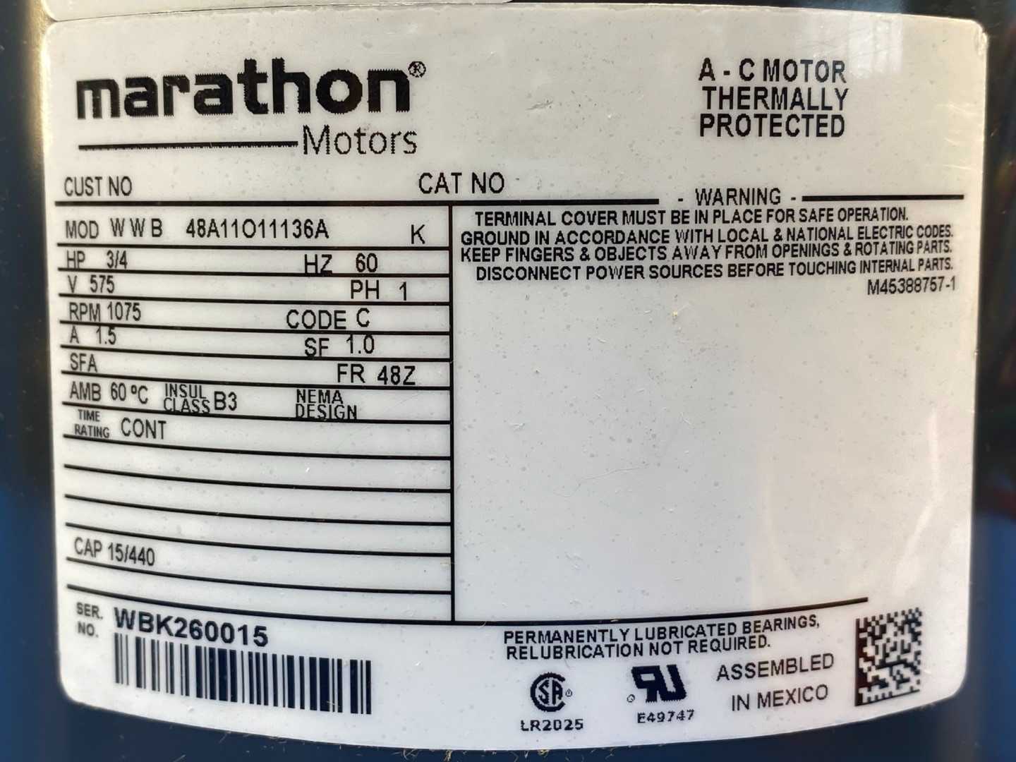 Marathon 048A11011136 Motor, 3/4HP, 575V, 1PH, 1075RPM