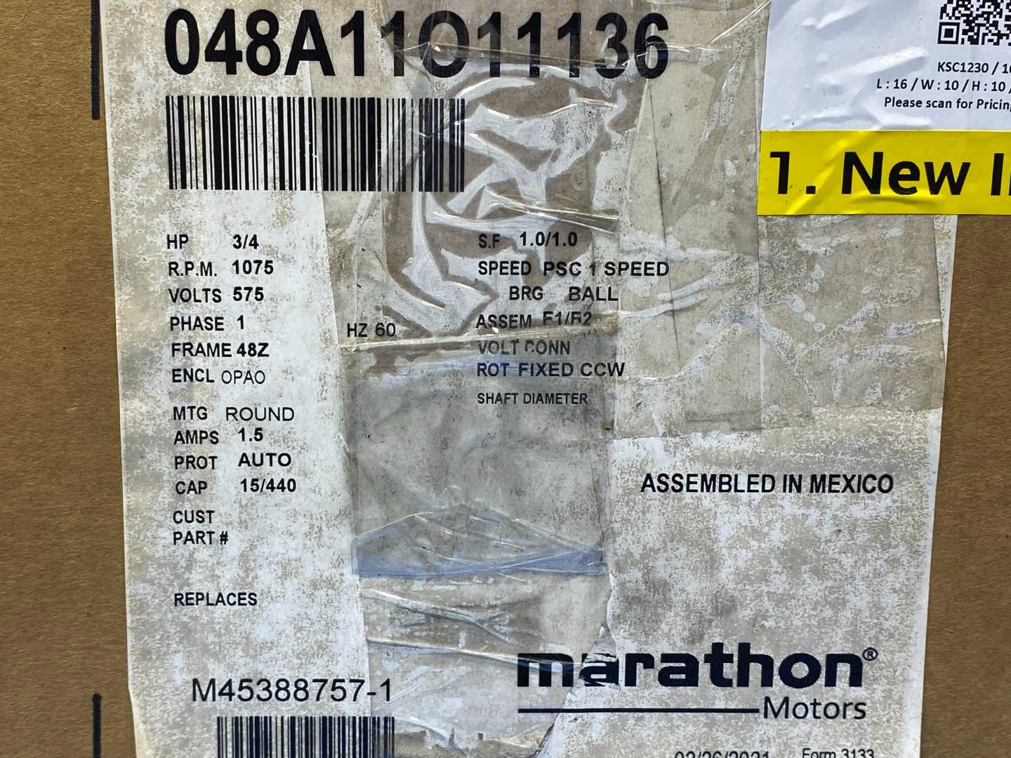 Marathon 048A11011136 Motor, 3/4HP, 575V, 1PH, 1075RPM
