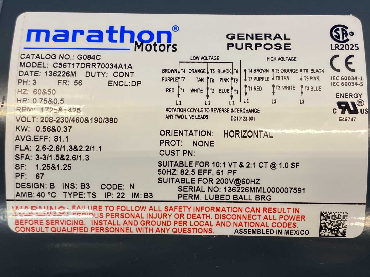 Marathon 056T17DRR70034A1 Motor, 0.75&0.5HP, 208-230/460&190/380V, 1725&1425RPM