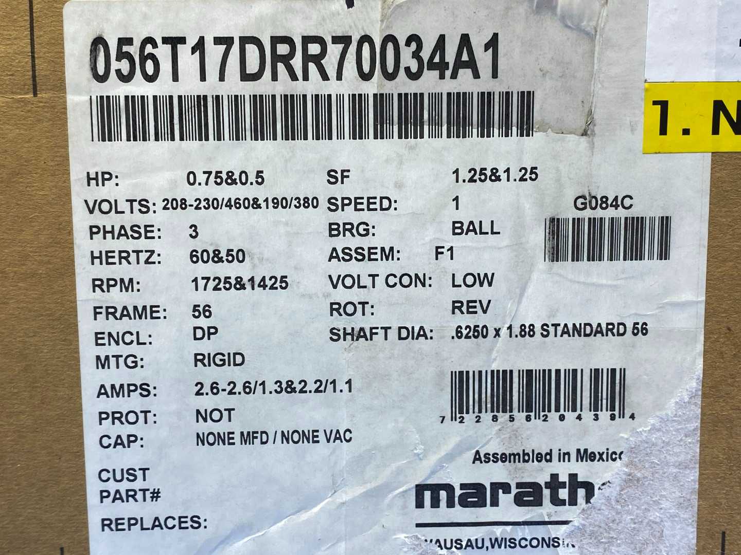 Marathon 056T17DRR70034A1 Motor, 0.75&0.5HP, 208-230/460&190/380V, 1725&1425RPM