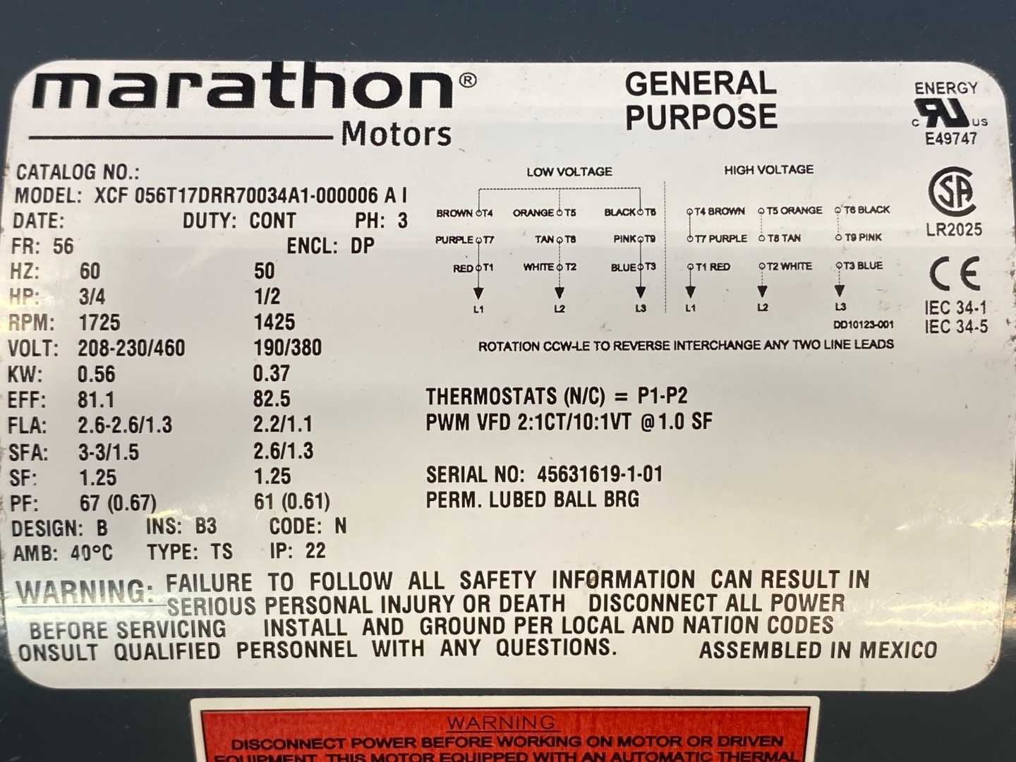 Marathon 056T17DRR70034A1-000006 Motor, 0.75&0.5HP, 208-230/460&190/380