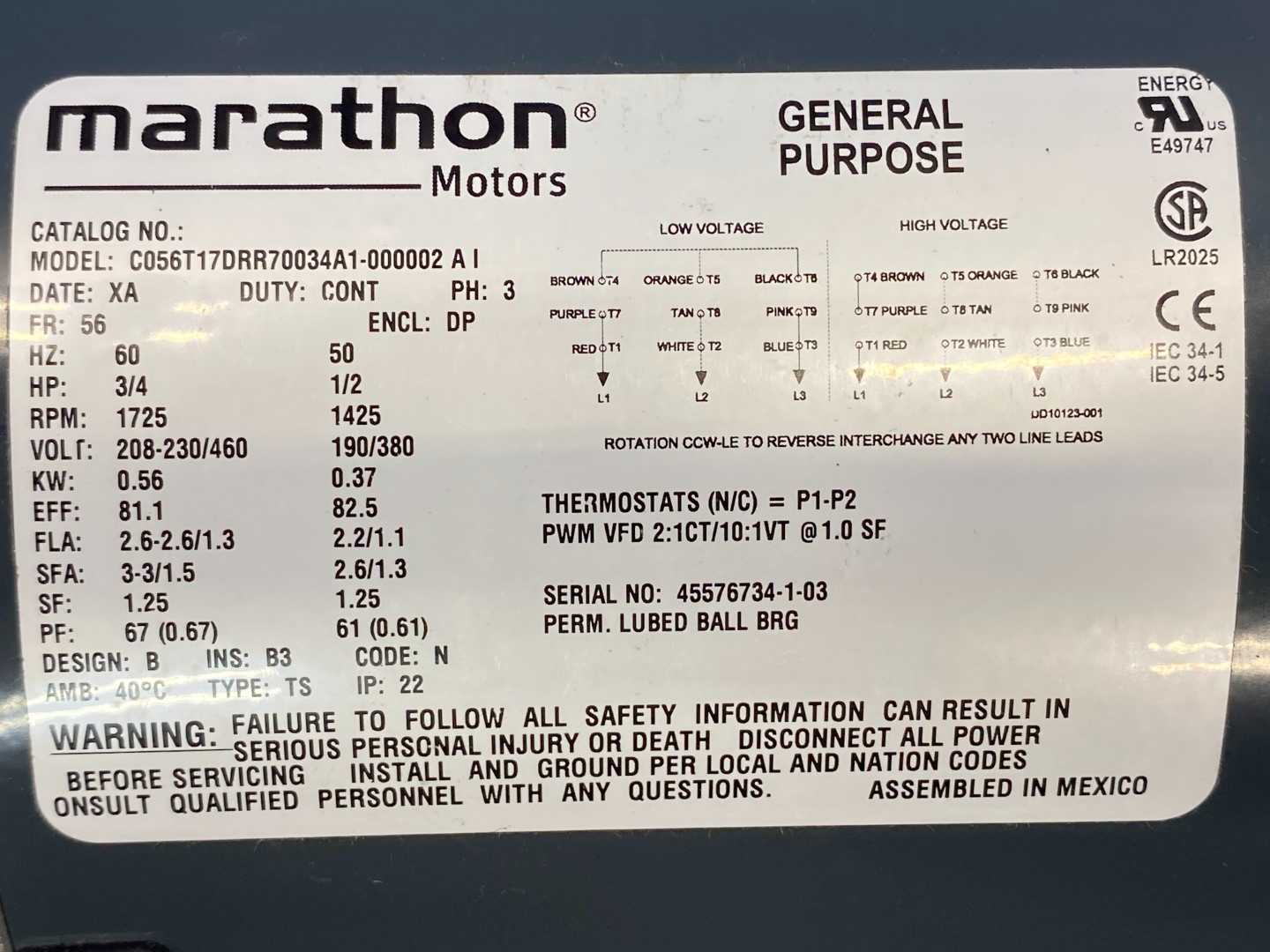 Marathon 056T17DRR70034A1-000002 Motor, 3/4-1/2HP, 1725RPM