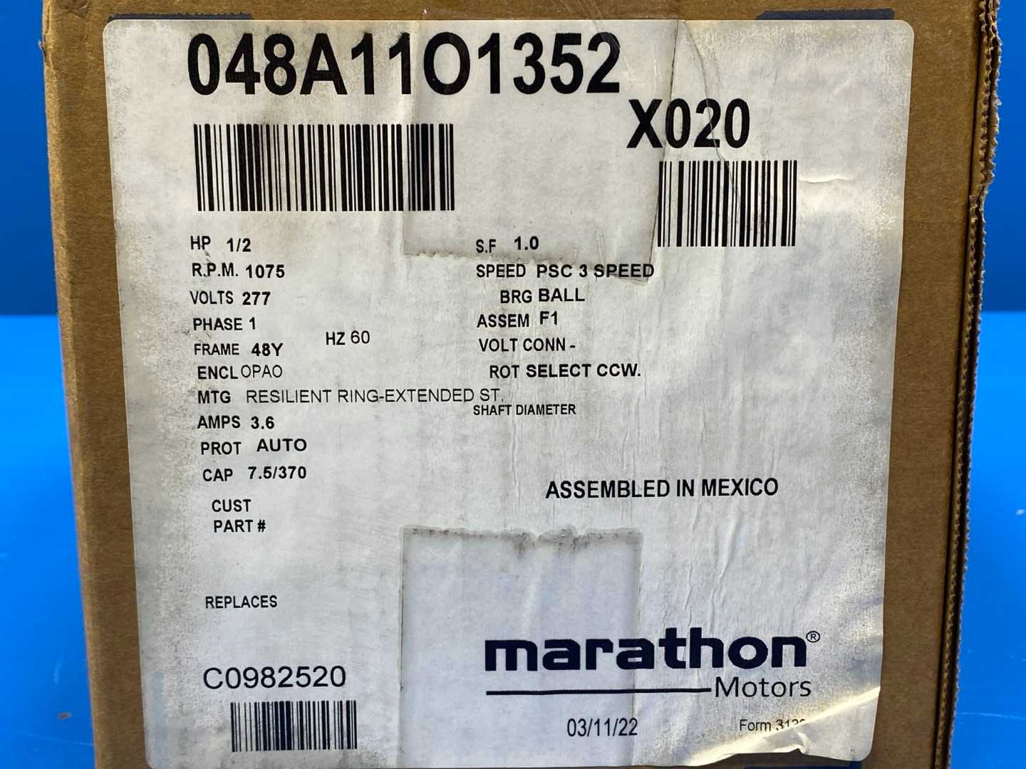 Marathon 048A1101352 Motor, 1/2HP, 1075RPM, 277V, 3.6A