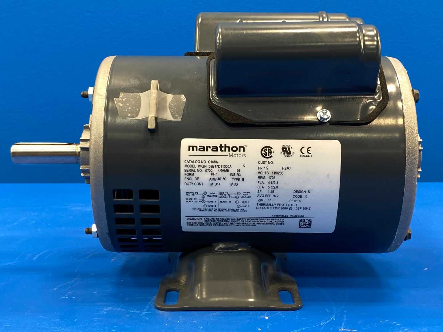 Marathon 056B17D11030 Motor, 1/2HP, 1725RPM, 115/230V, 4.6/2.3A