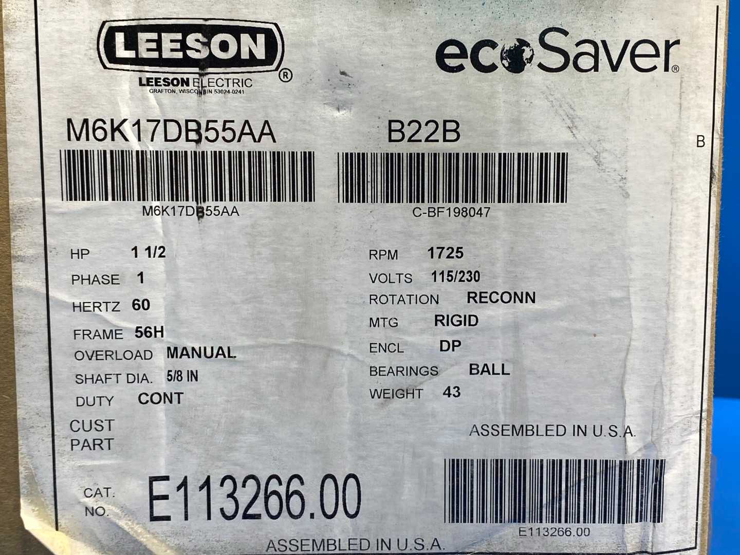 Leeson E113266.00 Electric Motor 1-1/2HP, 1PH, 115/230V, 1725RPM