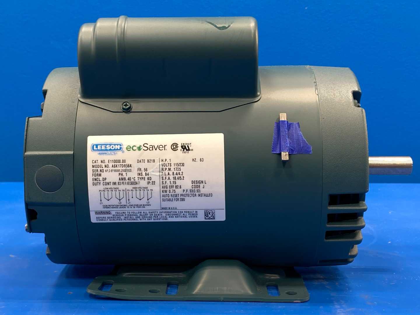 Leeson A6K17DB56A Motor, 1HP, 115/230V, 1725RPM, 60Hz