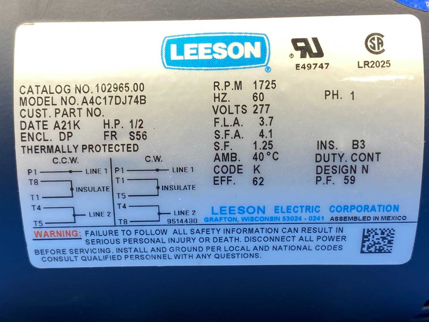 Leeson 102965.00 A4C17DJ74B Motor, 1/2HP, 1PH, 277V, 1725RPM