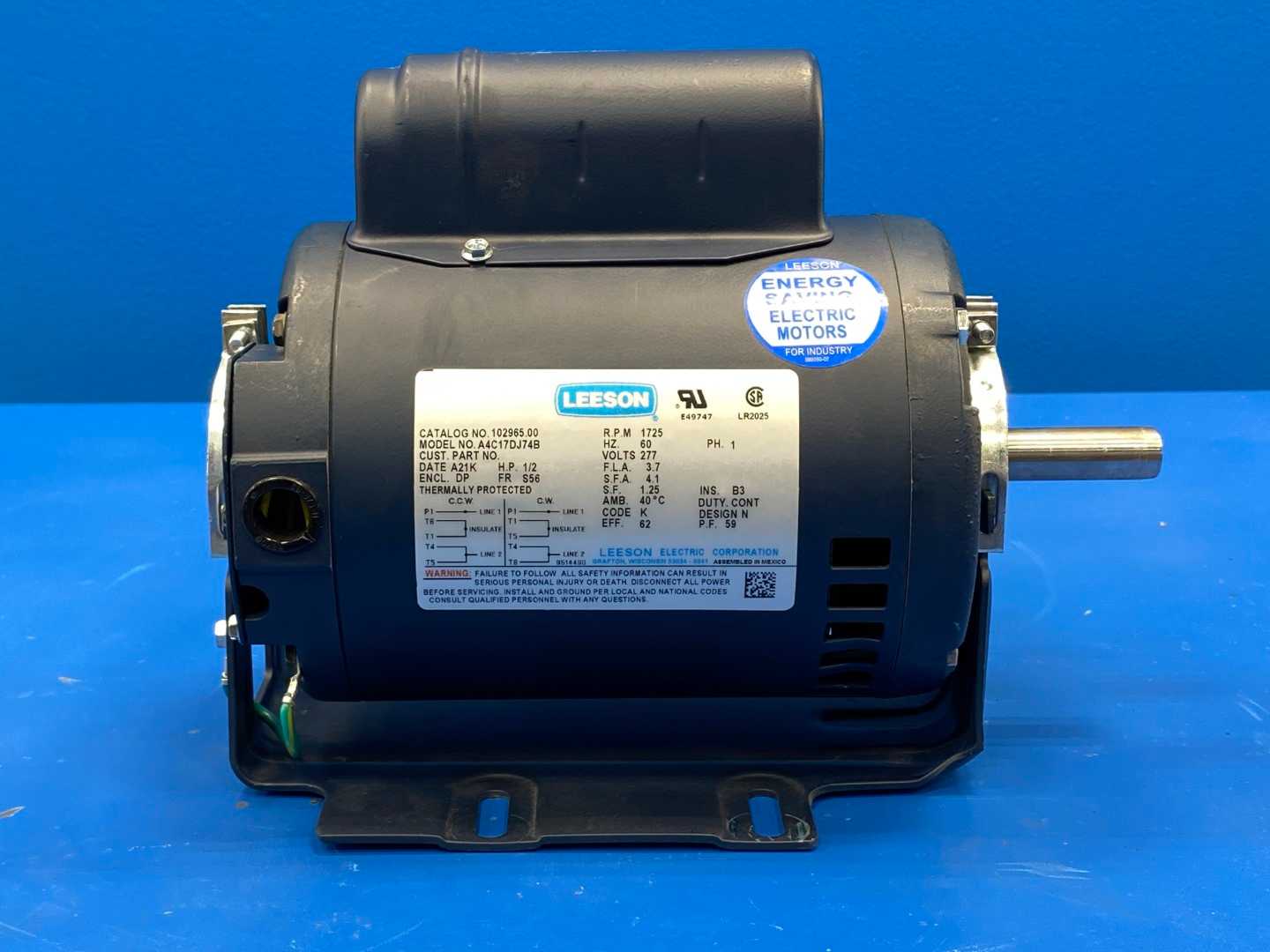 Leeson 102965.00 A4C17DJ74B Motor, 1/2HP, 1PH, 277V, 1725RPM