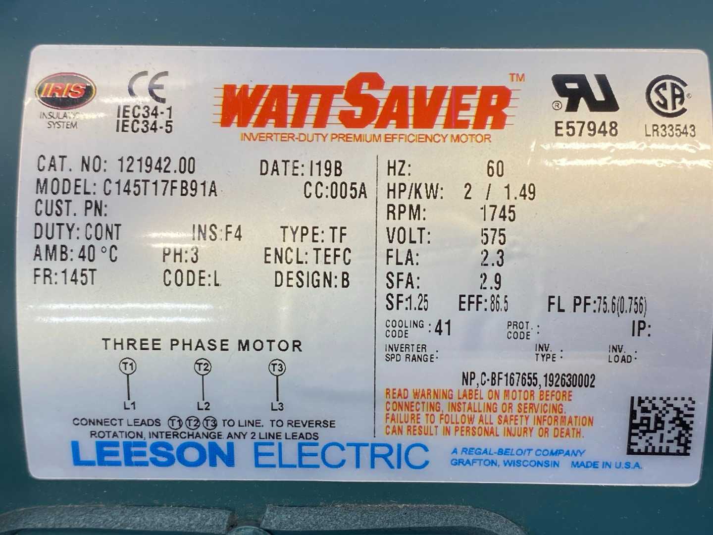 Leeson C145T17FB91A Motor, 2HP, 1745RP, 3PH, 575V