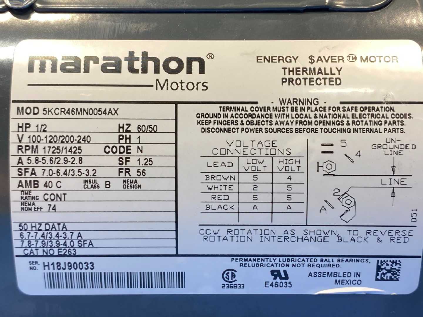 Marathon 5KCR46MN0054X  Motor, 1/2HP,100-120/200-240V, 1PH